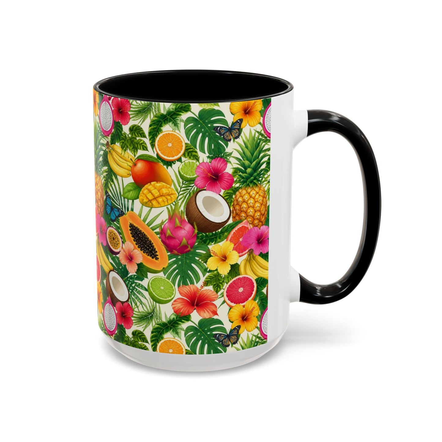 Tropical Fruit Coffee Mug — Colorful Pineapple & Hibiscus Accent Ceramic Mug (11/15oz)