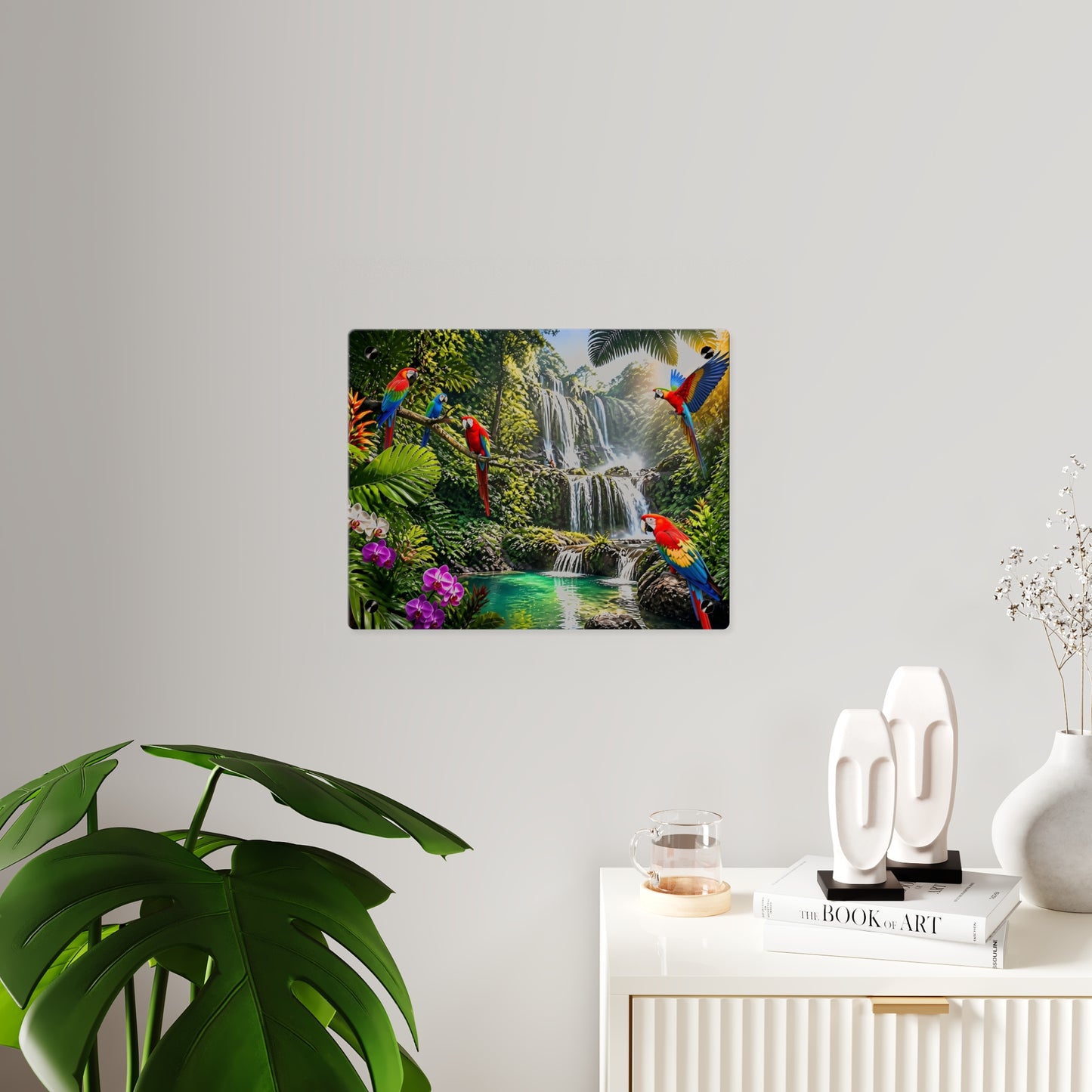 Tropical Waterfall Acrylic Wall Art Panel — Parrots & Jungle Oasis