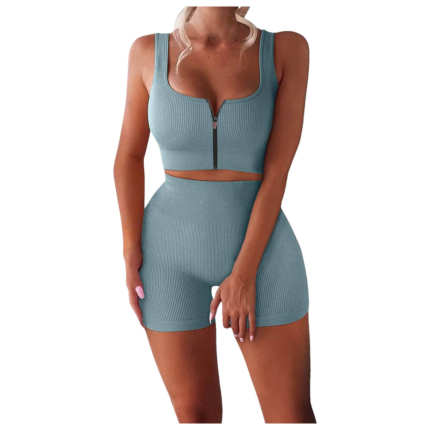 Women’s Ribbed Zipper Yoga Set – 2-Piece Tank & High Waist Shorts