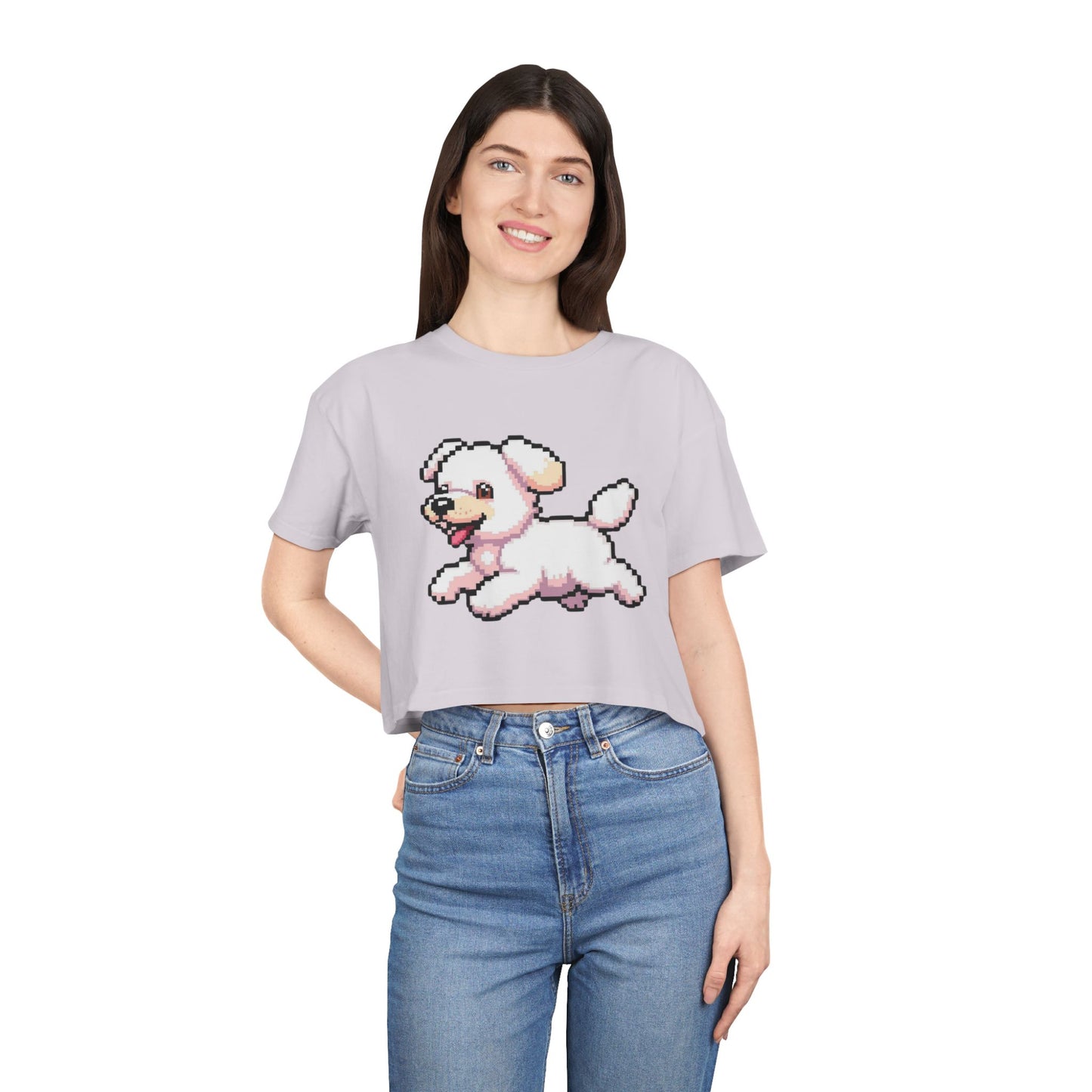 Playful Retro Dog Women's Crop Tee, Cute Animal Top, Summer Shirt, Gift for Dog Lovers, Casual Style, Beachwear