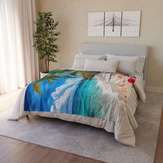 Tropical Beach Blanket — Palm Trees, Ocean Waves & Hibiscus Coastal Throw