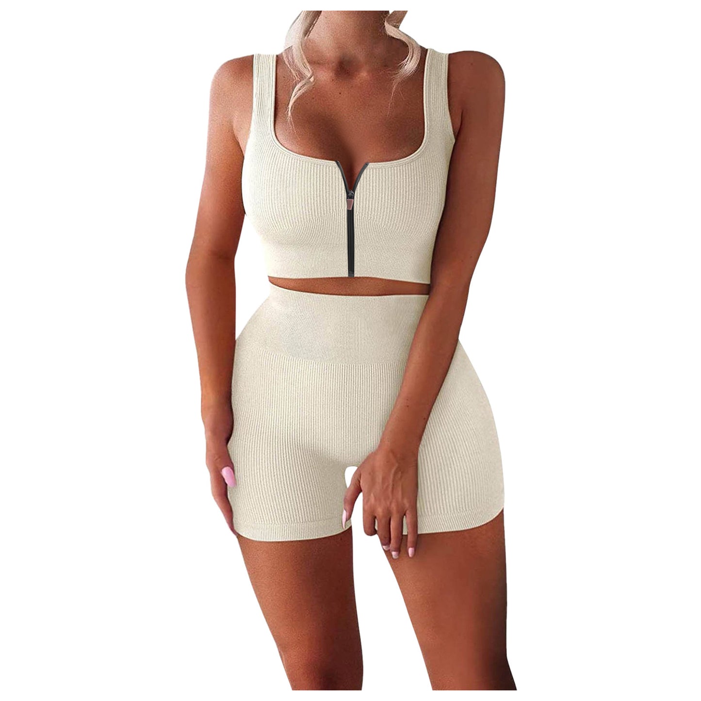 Women’s Ribbed Zipper Yoga Set – 2-Piece Tank & High Waist Shorts
