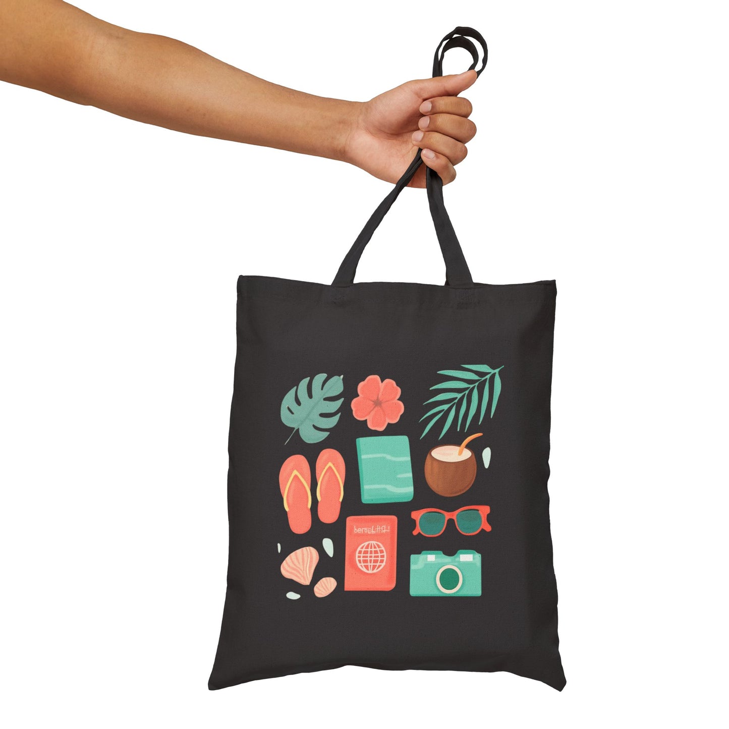 Tote Bag — Summer Travel Essentials Canvas Tote (flip-flops, camera, coconut & sunglasses)