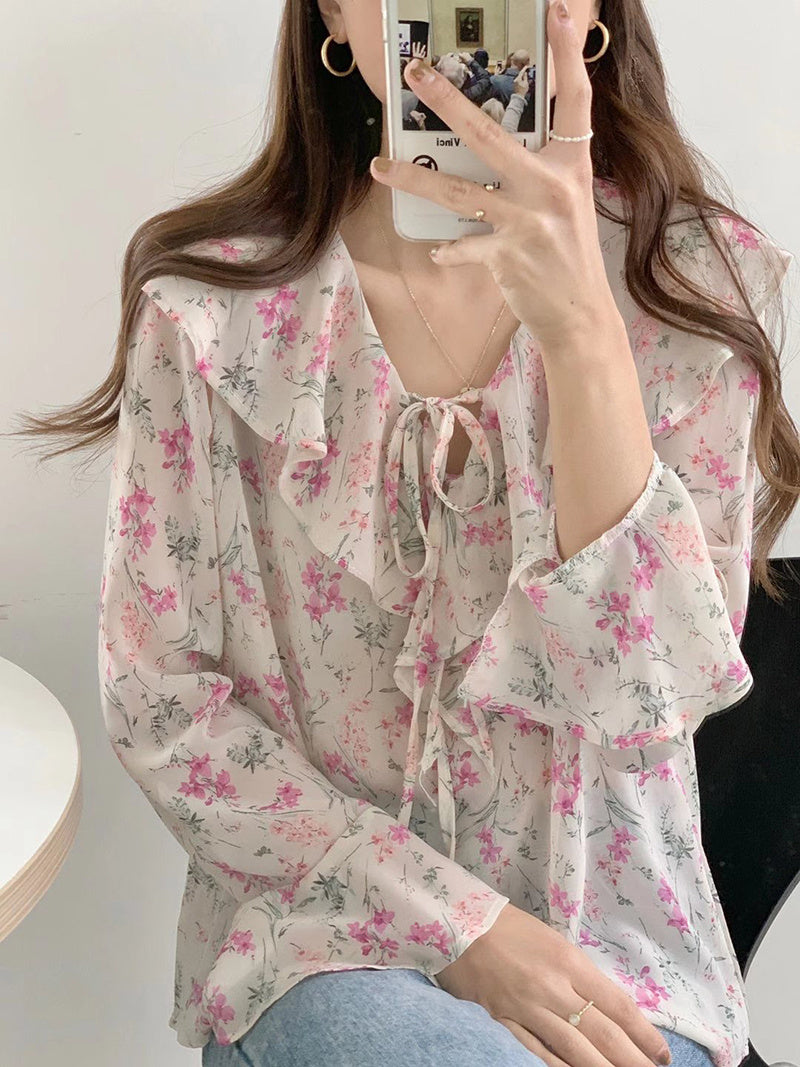 Ruffled Green Loose Lace-up Top For Women