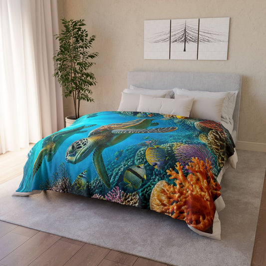 Sea Turtle Ocean Coral Soft Polyester Blanket — Marine Life Throw for Beach Lovers