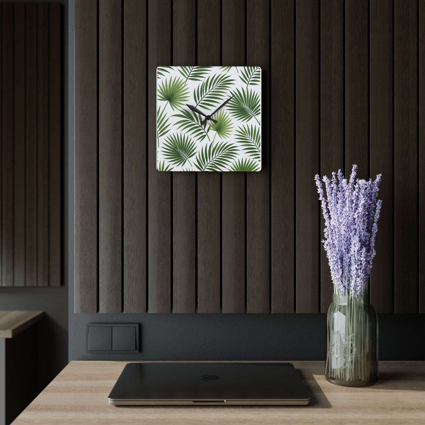 Tropical Palm Leaf Acrylic Wall Clock — Botanical Green Home Decor