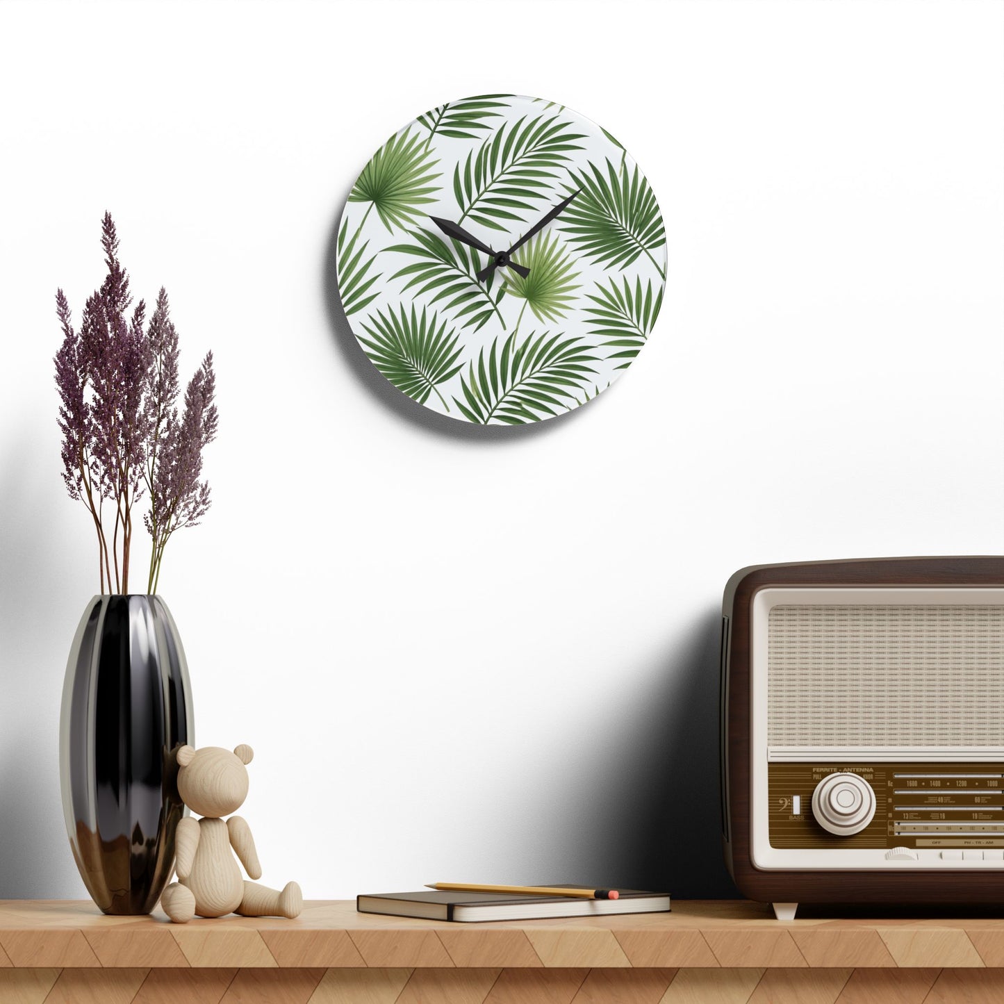 Tropical Palm Leaf Acrylic Wall Clock — Botanical Green Home Decor