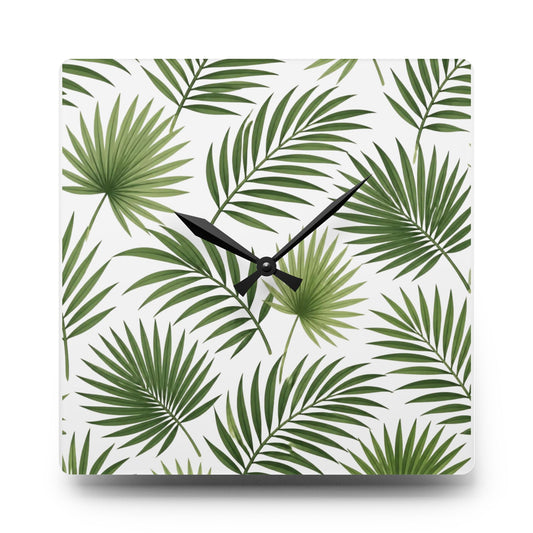 Tropical Palm Leaf Acrylic Wall Clock — Botanical Green Home Decor