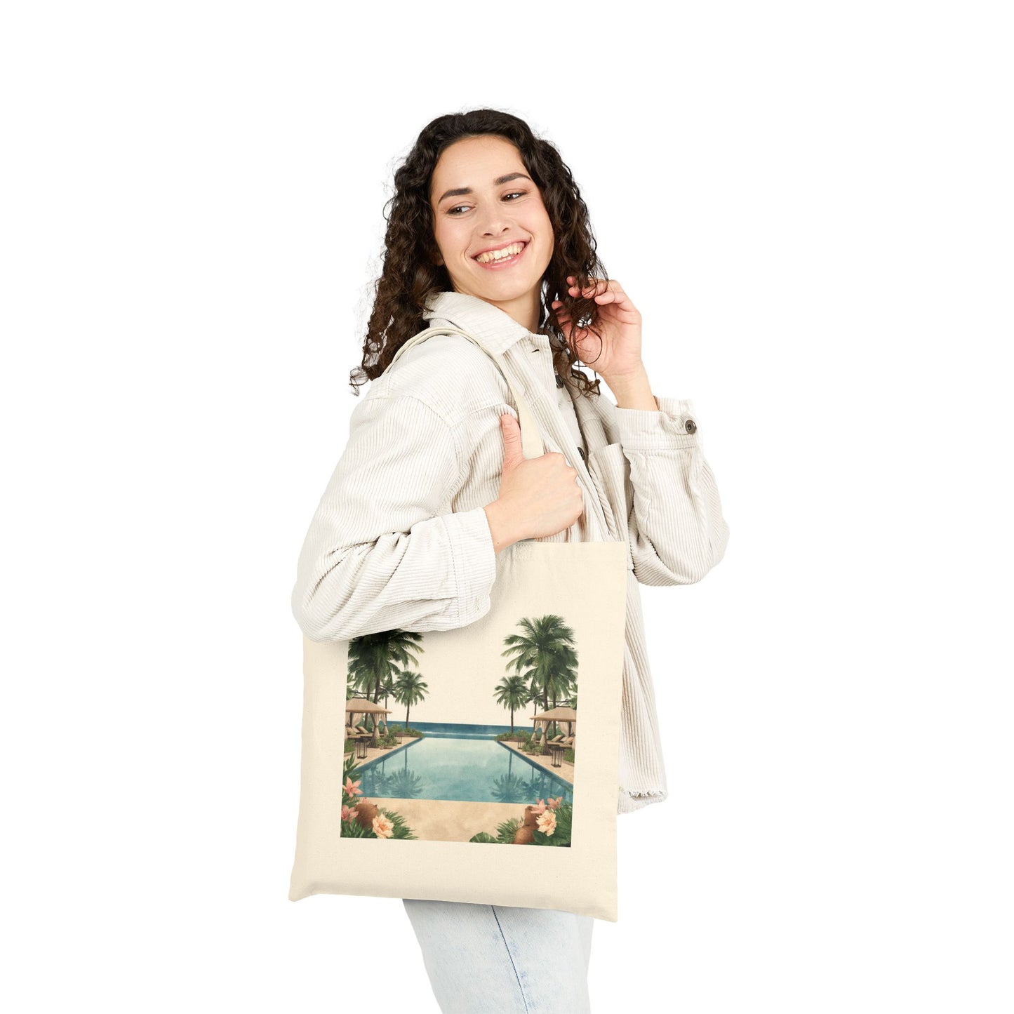Tote Bag — Vintage Tropical Pool Canvas Tote (Palm Trees & Hibiscus)