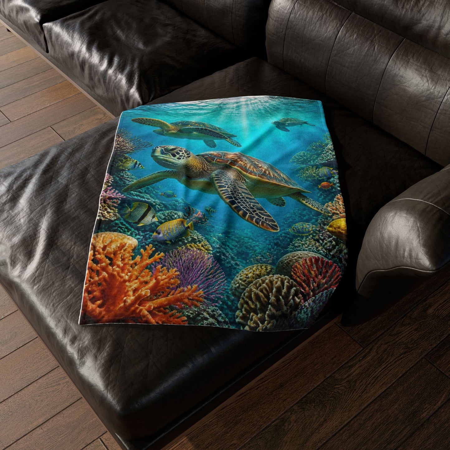 Sea Turtle Ocean Coral Soft Polyester Blanket — Marine Life Throw for Beach Lovers
