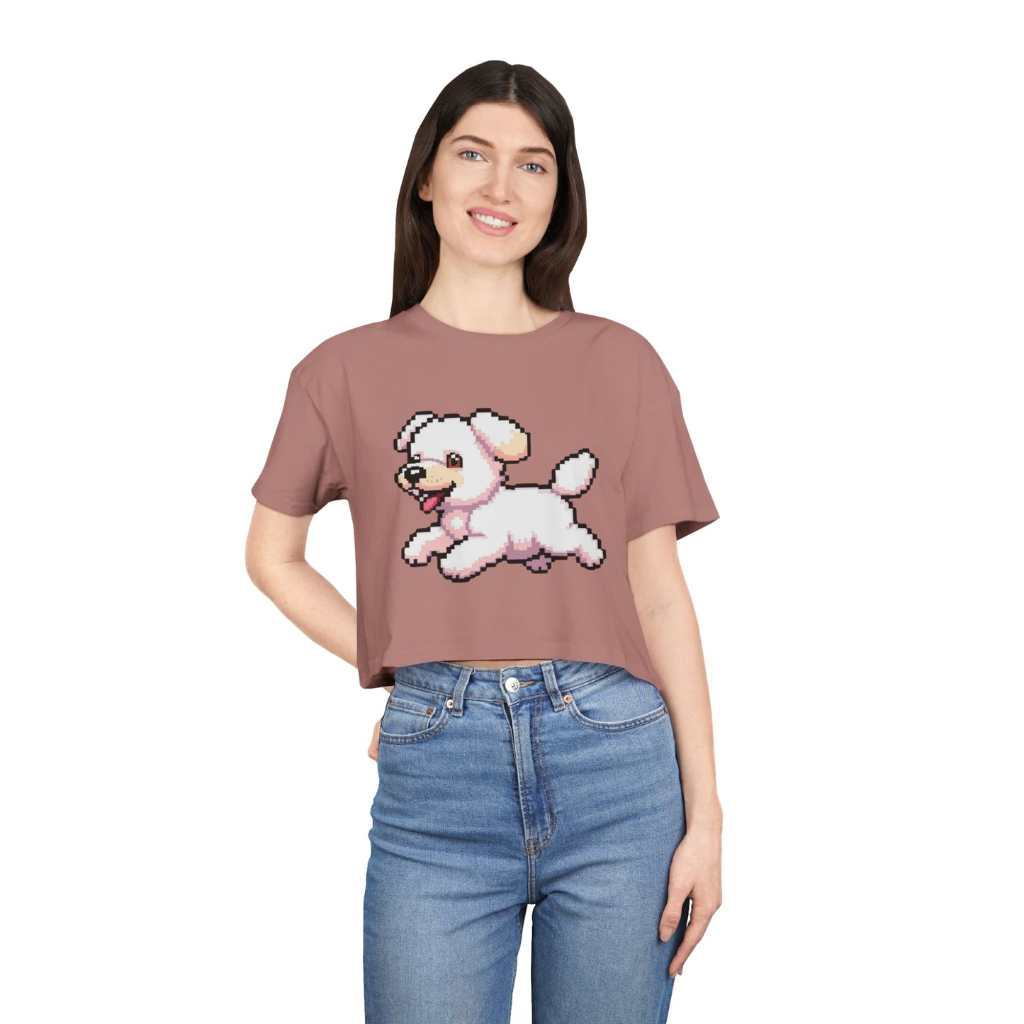 Playful Retro Dog Women's Crop Tee, Cute Animal Top, Summer Shirt, Gift for Dog Lovers, Casual Style, Beachwear