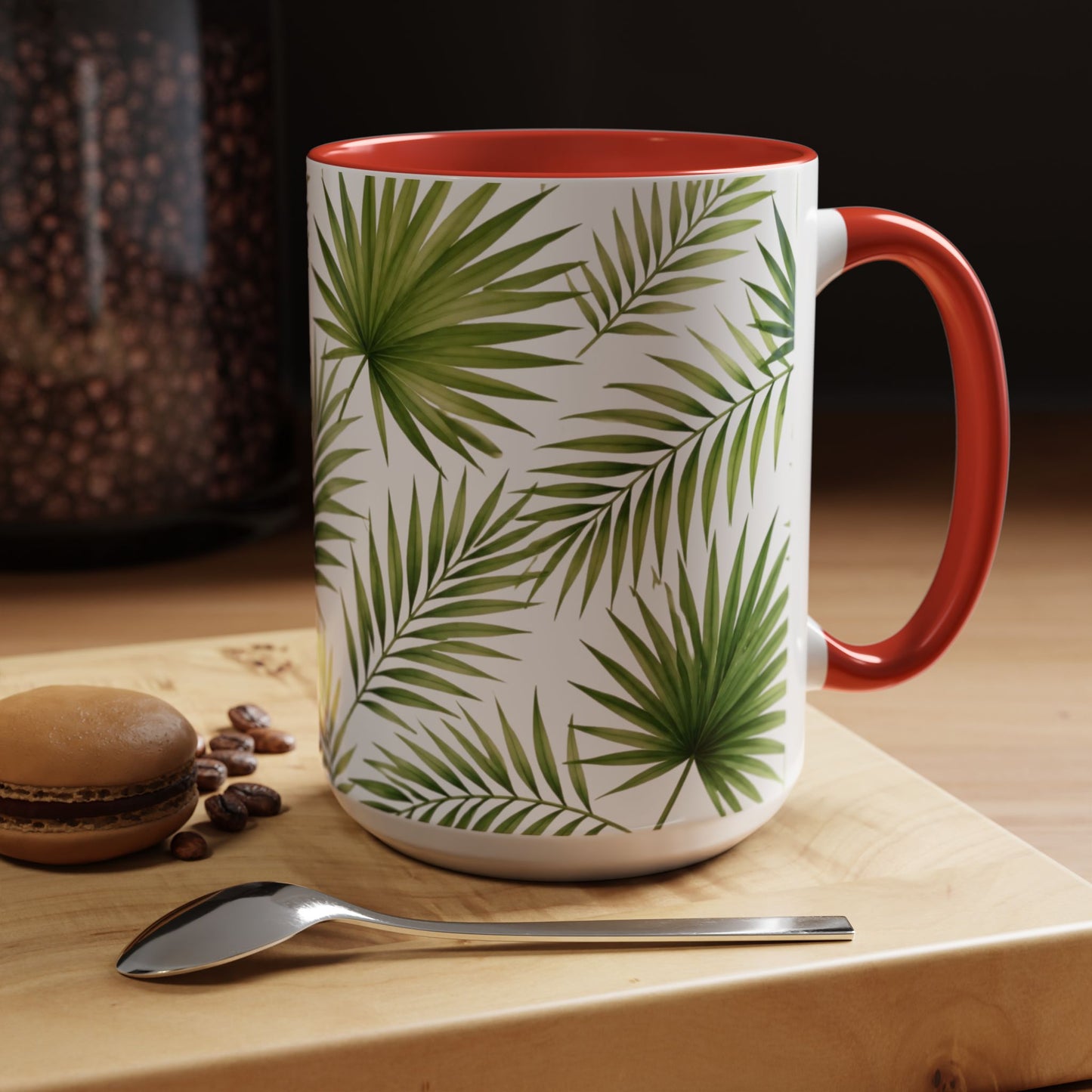 Tropical Palm Accent Coffee Mug – Green Leaf Pattern, 11/15oz