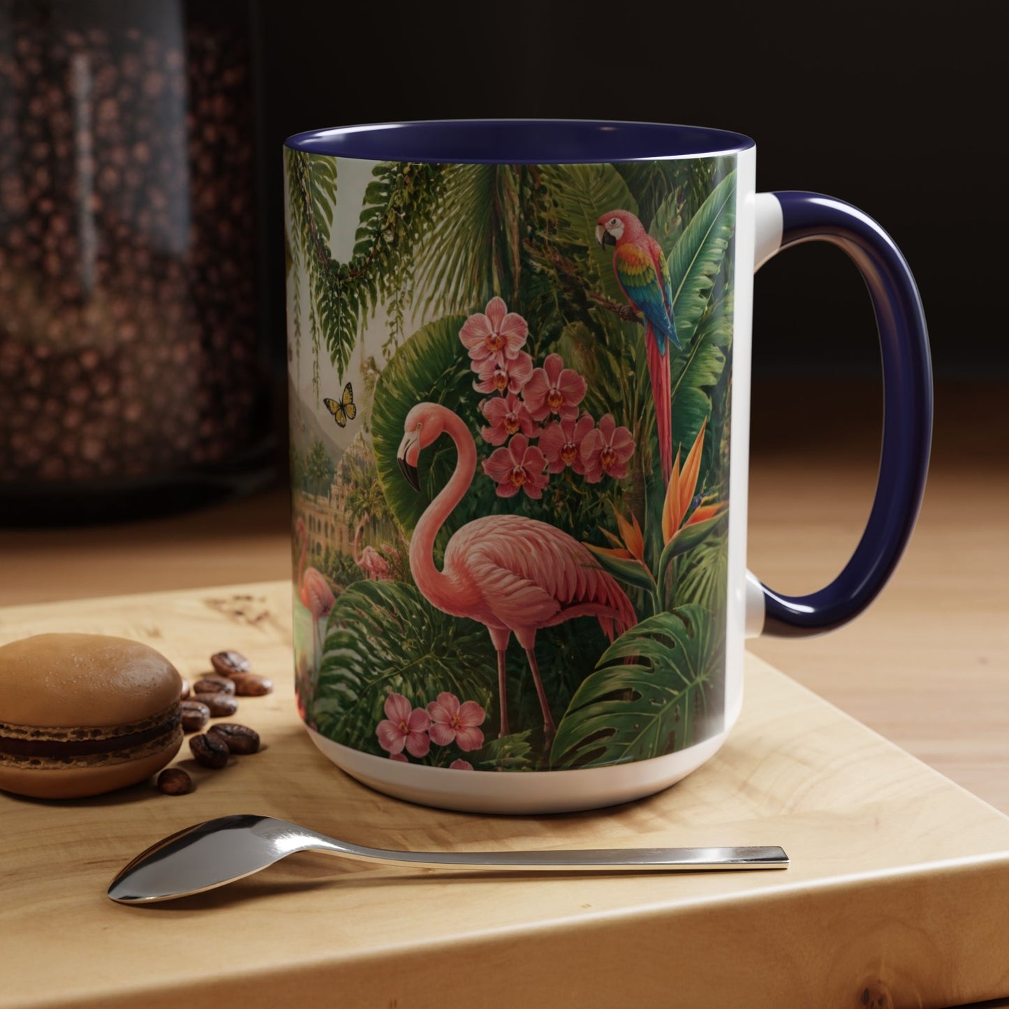 Tropical Flamingo Accent Mug — Colorful Parrot & Palm Coffee Cup
