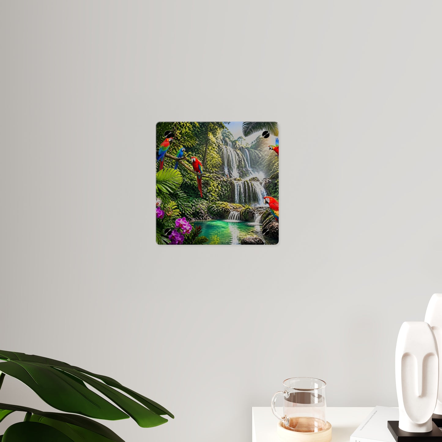 Tropical Waterfall Acrylic Wall Art Panel — Parrots & Jungle Oasis