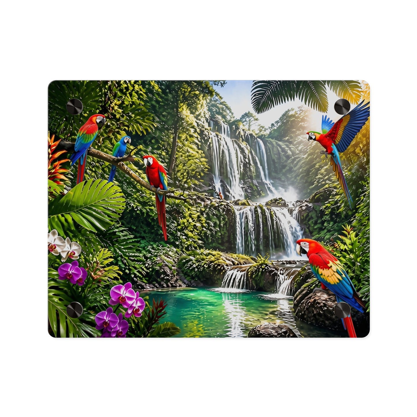 Tropical Waterfall Acrylic Wall Art Panel — Parrots & Jungle Oasis