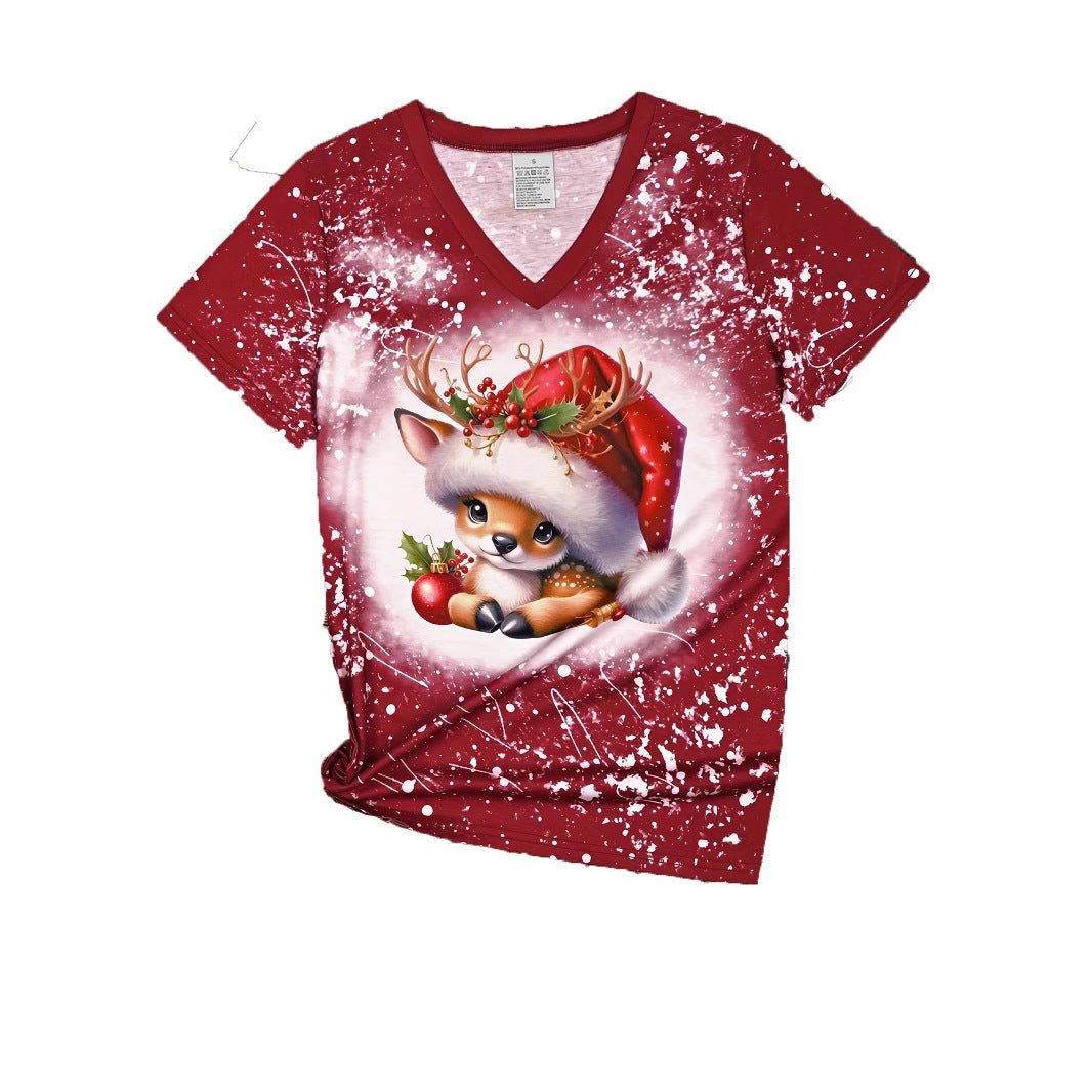 Christmas Reindeer Cartoon Printed Top – Festive Women’s Holiday Tee