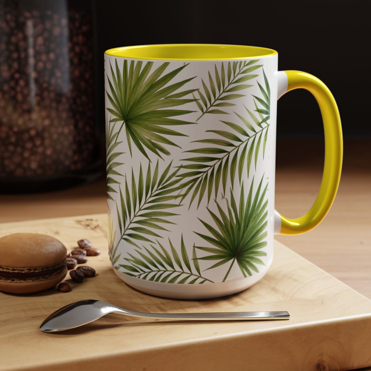 Tropical Palm Accent Coffee Mug – Green Leaf Pattern, 11/15oz