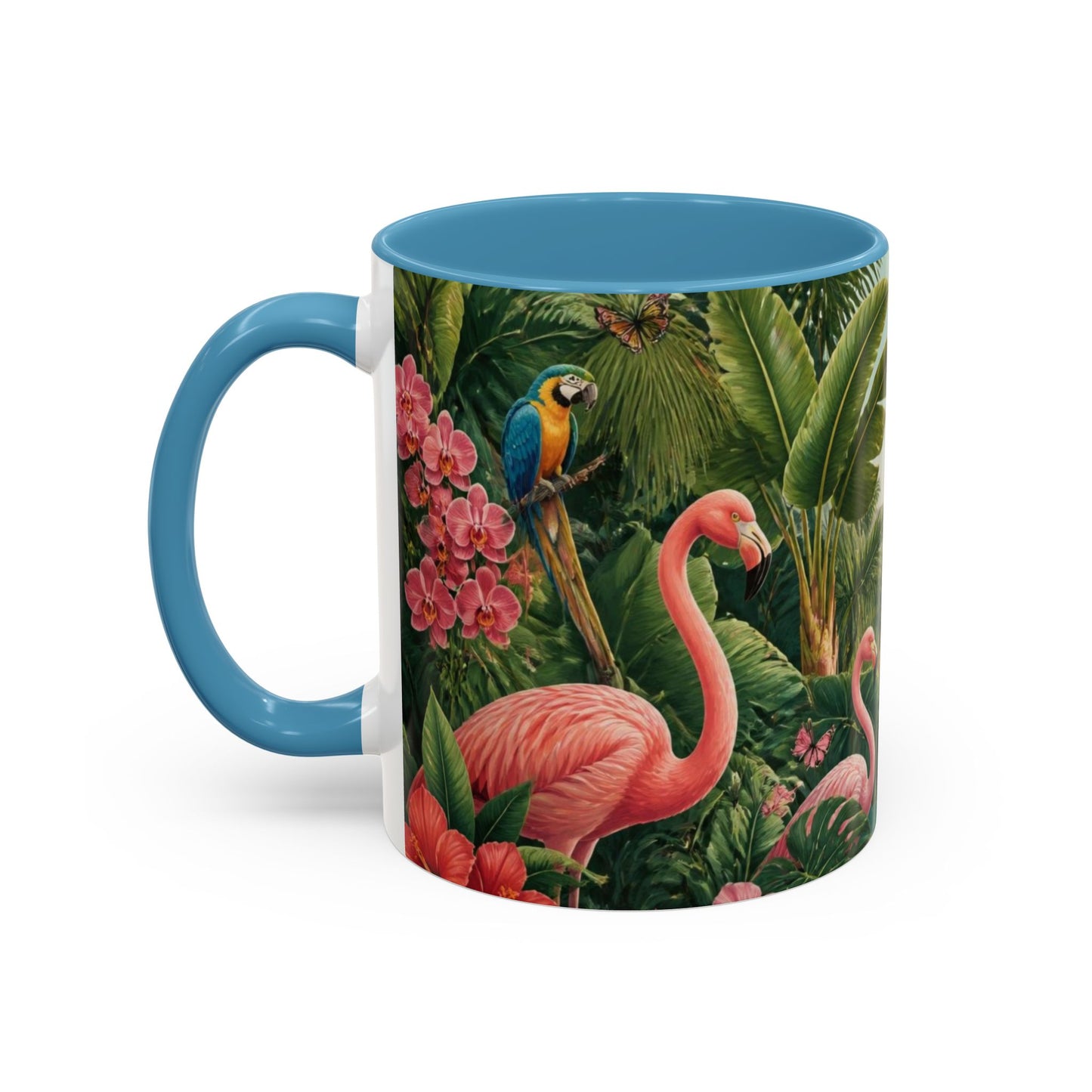 Tropical Flamingo Accent Mug — Colorful Parrot & Palm Coffee Cup