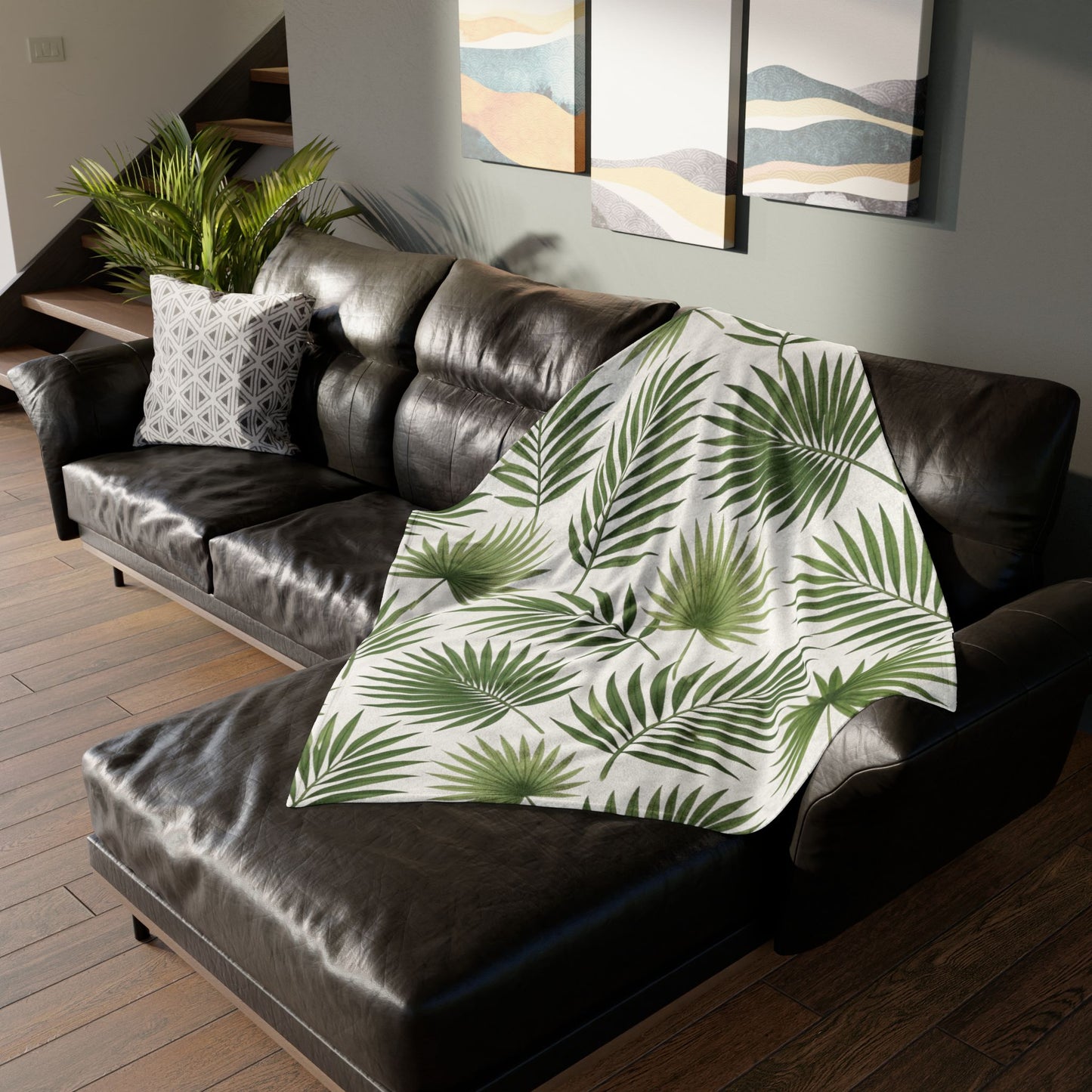 Tropical Palm Leaf Throw Blanket – Green Botanical Polyester Blanket
