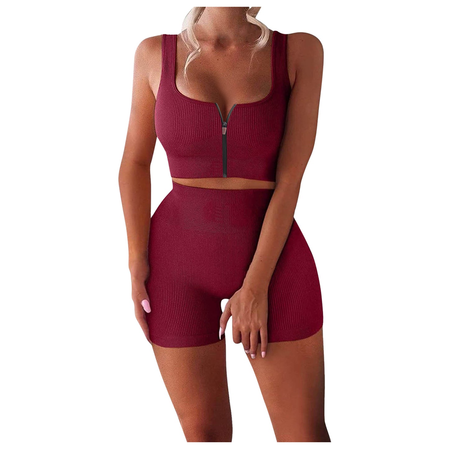 Women’s Ribbed Zipper Yoga Set – 2-Piece Tank & High Waist Shorts