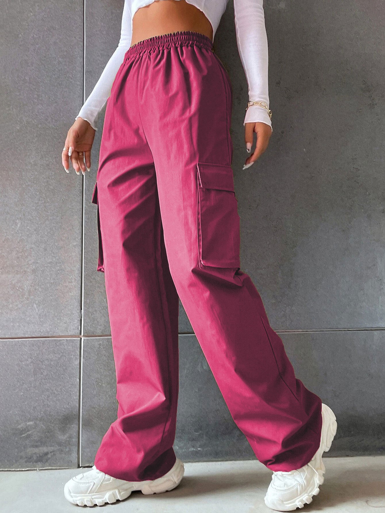 Women's High-Waist Utility Pocket Workwear Pants – Solid Color