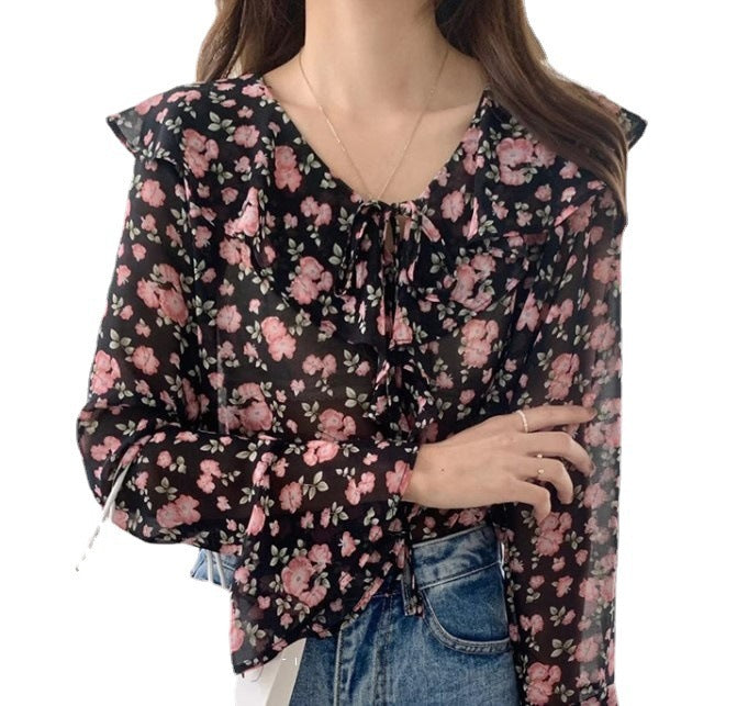 Ruffled Green Loose Lace-up Top For Women