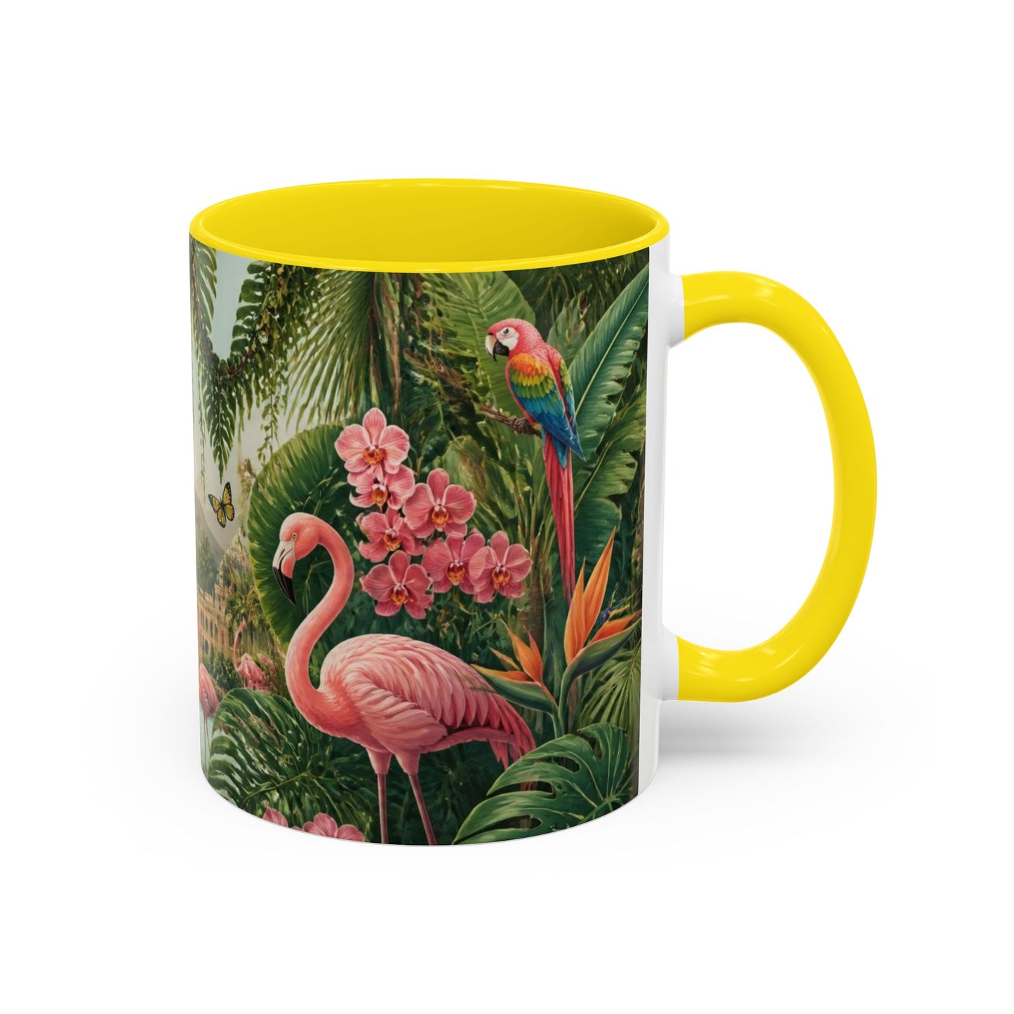 Tropical Flamingo Accent Mug — Colorful Parrot & Palm Coffee Cup