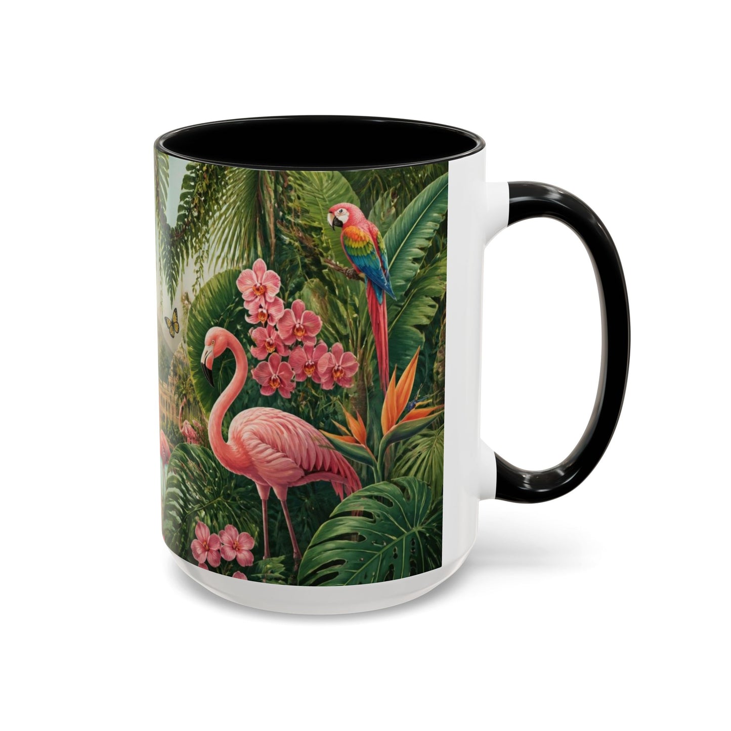 Tropical Flamingo Accent Mug — Colorful Parrot & Palm Coffee Cup