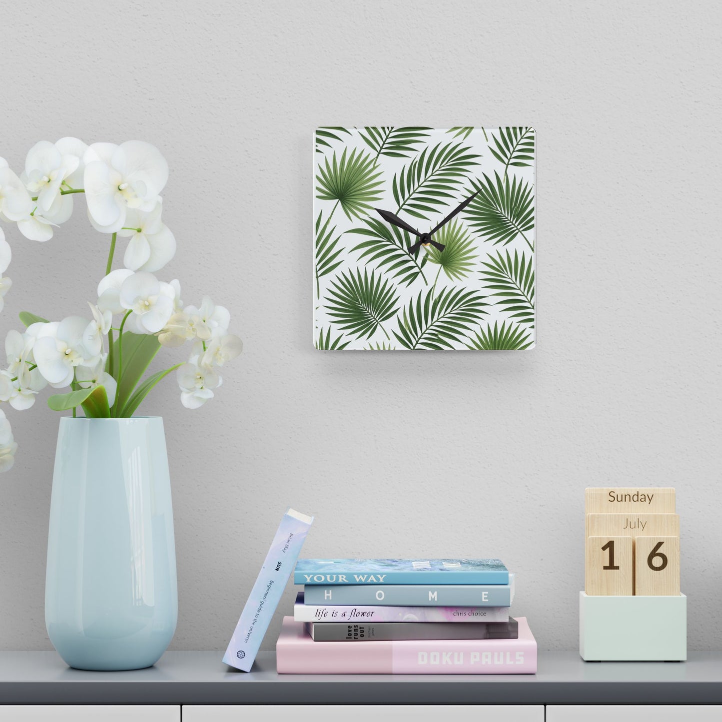 Tropical Palm Leaf Acrylic Wall Clock — Botanical Green Home Decor