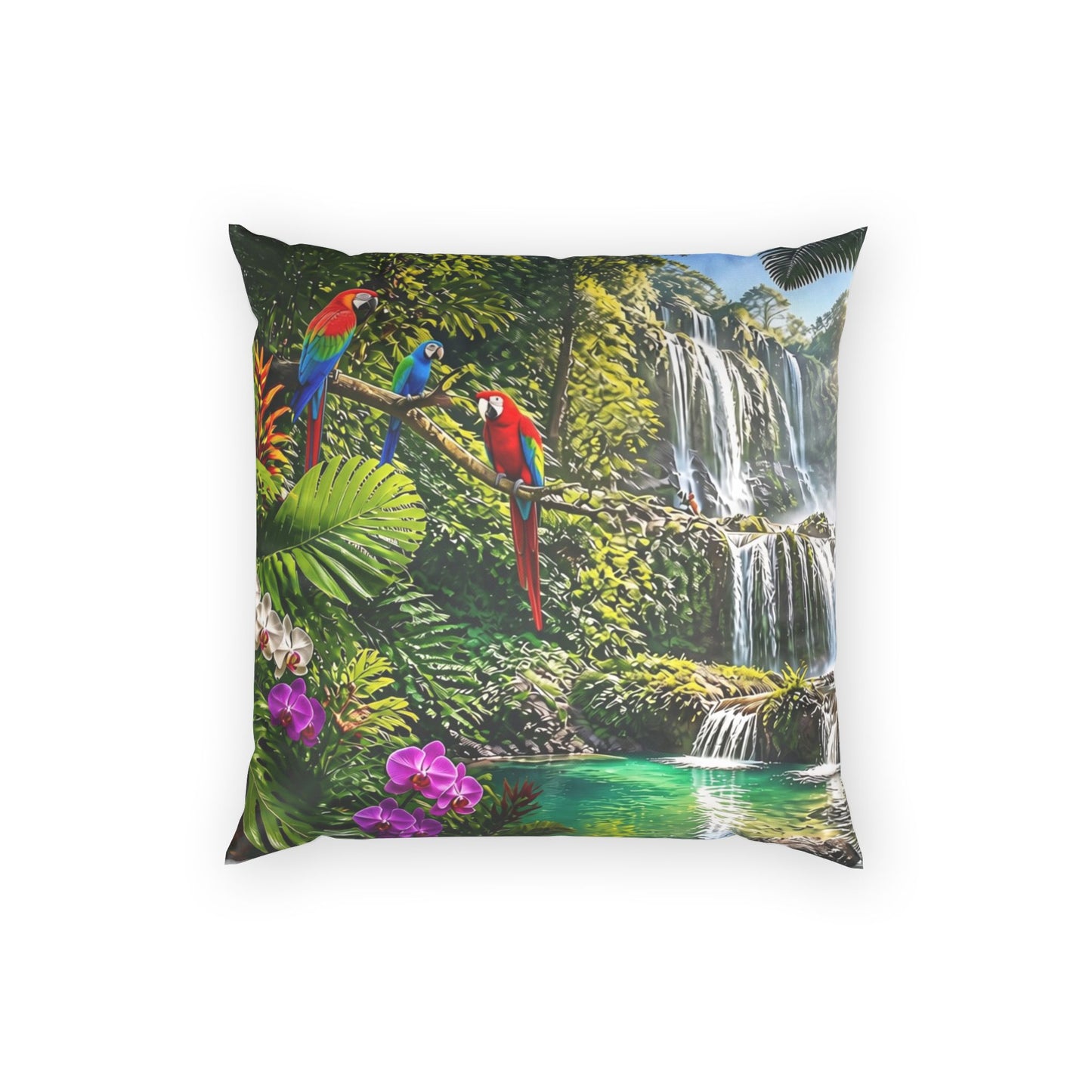 Tropical Waterfall Pillow - Velvet Parrot Paradise Throw Pillow