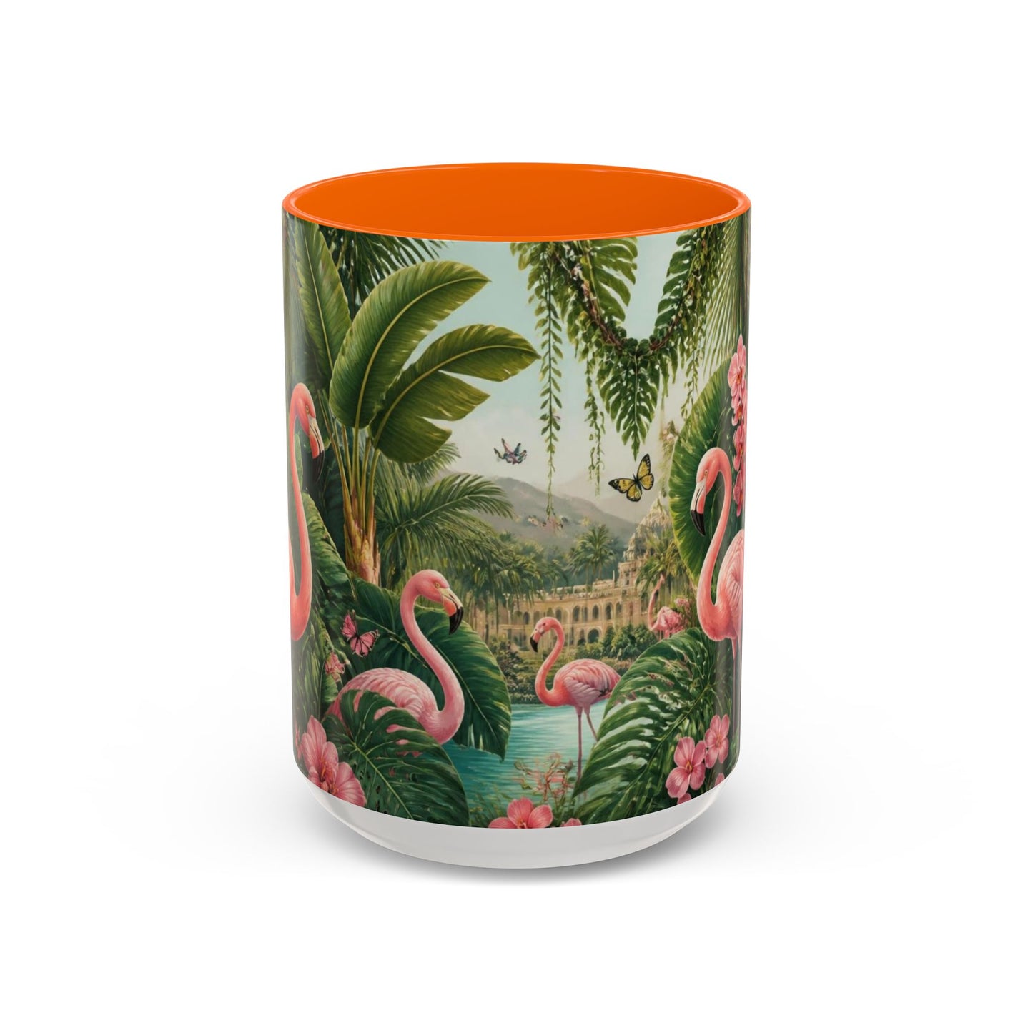 Tropical Flamingo Accent Mug — Colorful Parrot & Palm Coffee Cup
