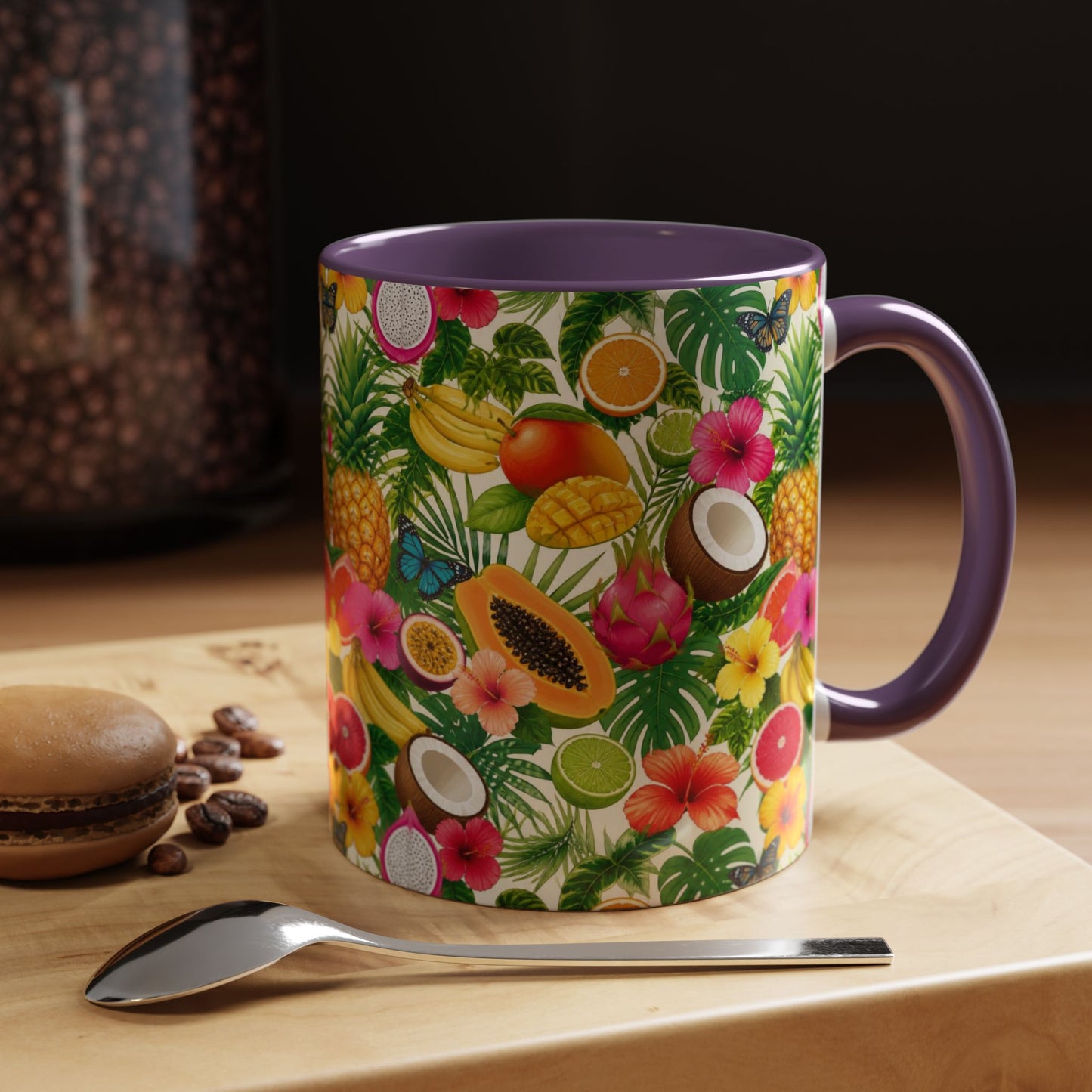 Tropical Fruit Coffee Mug — Colorful Pineapple & Hibiscus Accent Ceramic Mug (11/15oz)