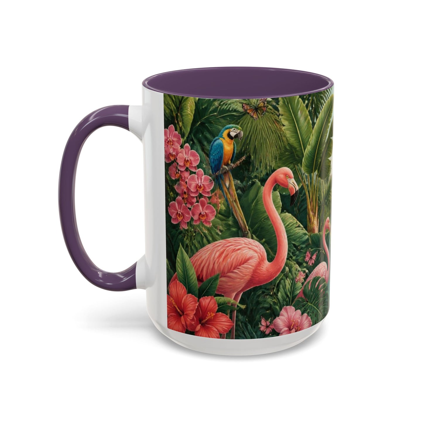 Tropical Flamingo Accent Mug — Colorful Parrot & Palm Coffee Cup