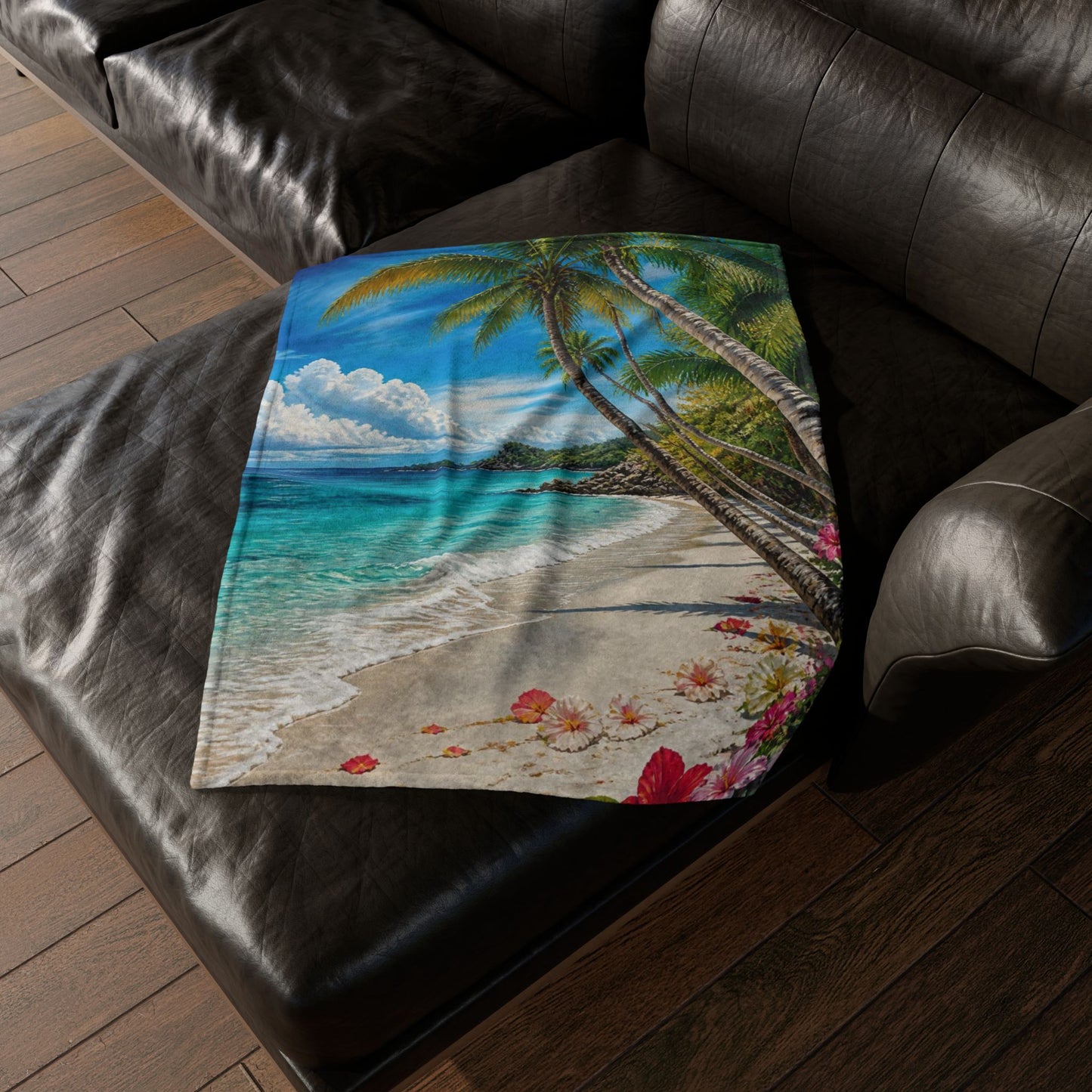 Tropical Beach Blanket — Palm Trees, Ocean Waves & Hibiscus Coastal Throw