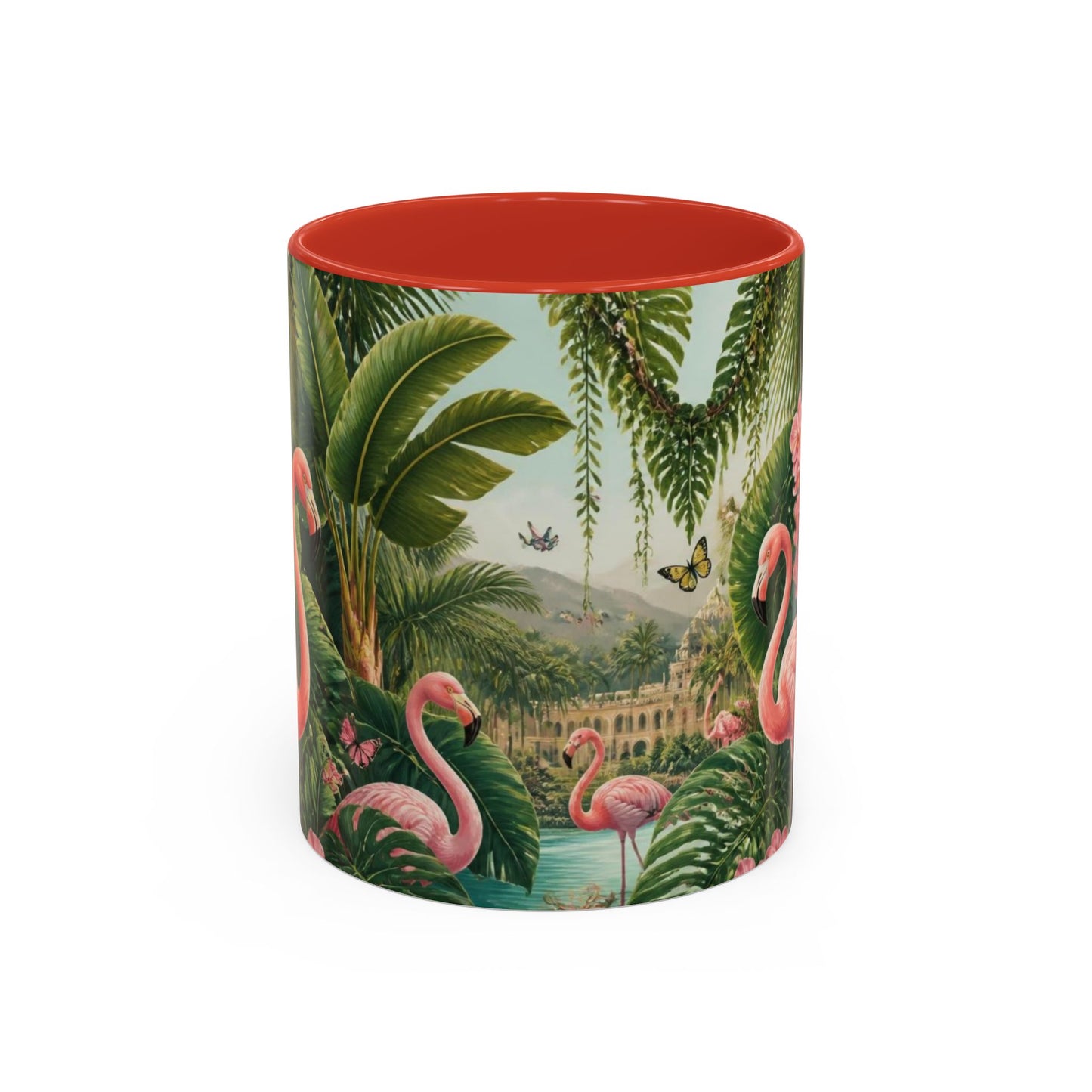 Tropical Flamingo Accent Mug — Colorful Parrot & Palm Coffee Cup