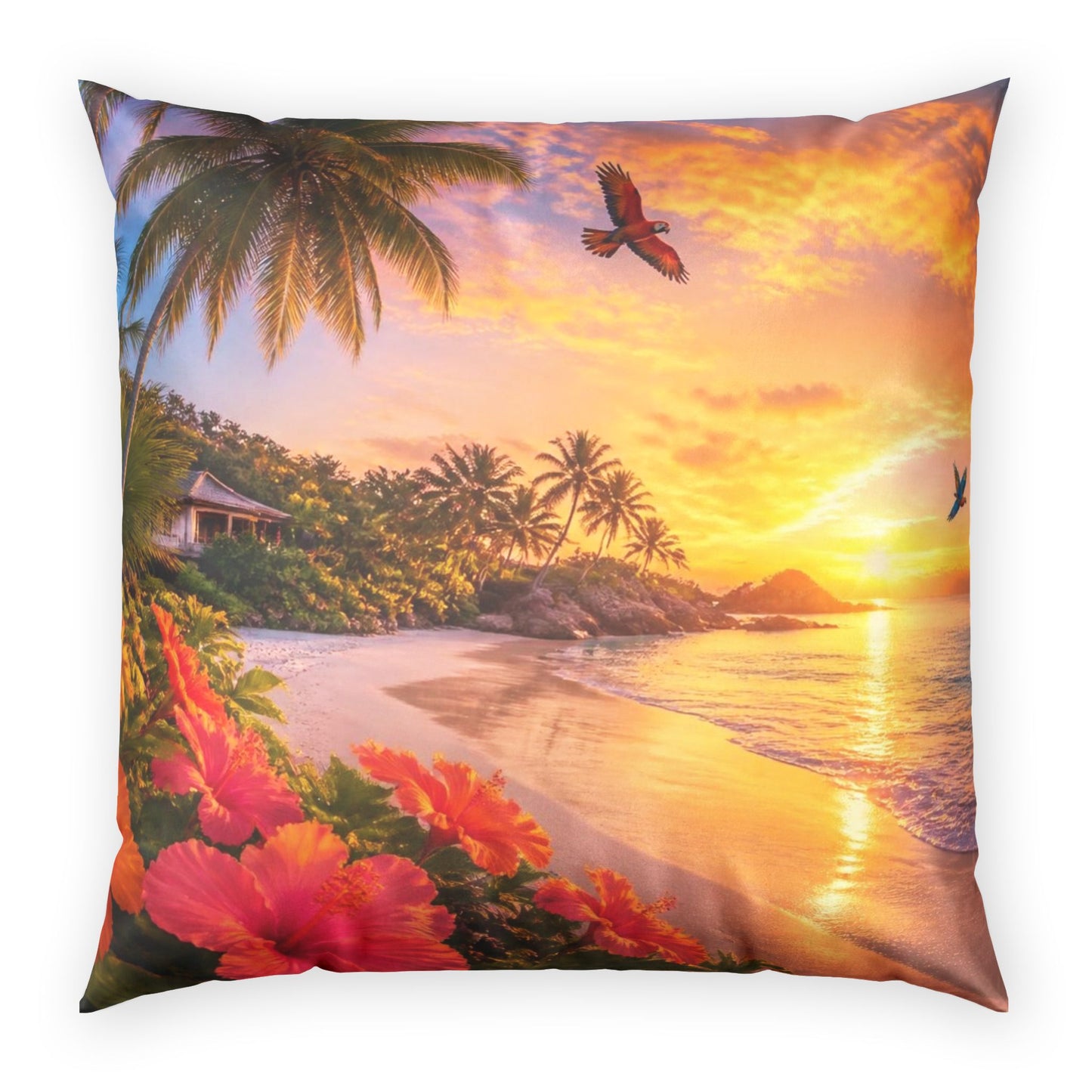 Tropical Sunset Pillow – Beach Scene Poly Velvet Decorative Throw Pillow