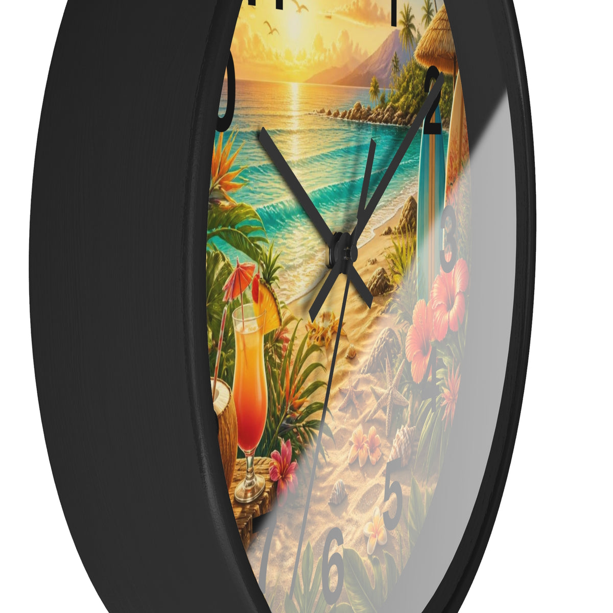 Tropical Beach Wall Clock — Sunset Surf & Hibiscus Clock