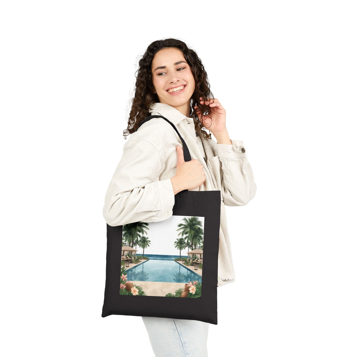 Tote Bag — Vintage Tropical Pool Canvas Tote (Palm Trees & Hibiscus)
