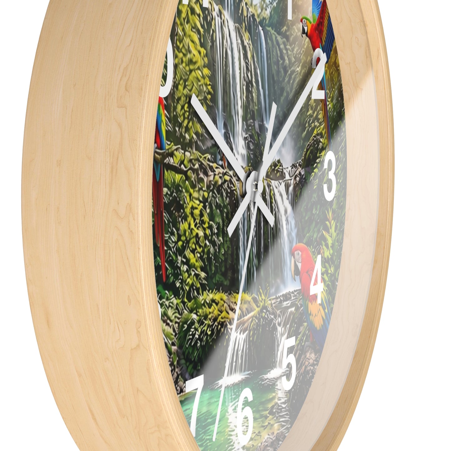 Tropical Waterfall Wall Clock with Colorful Parrots – Scenic Jungle Decor
