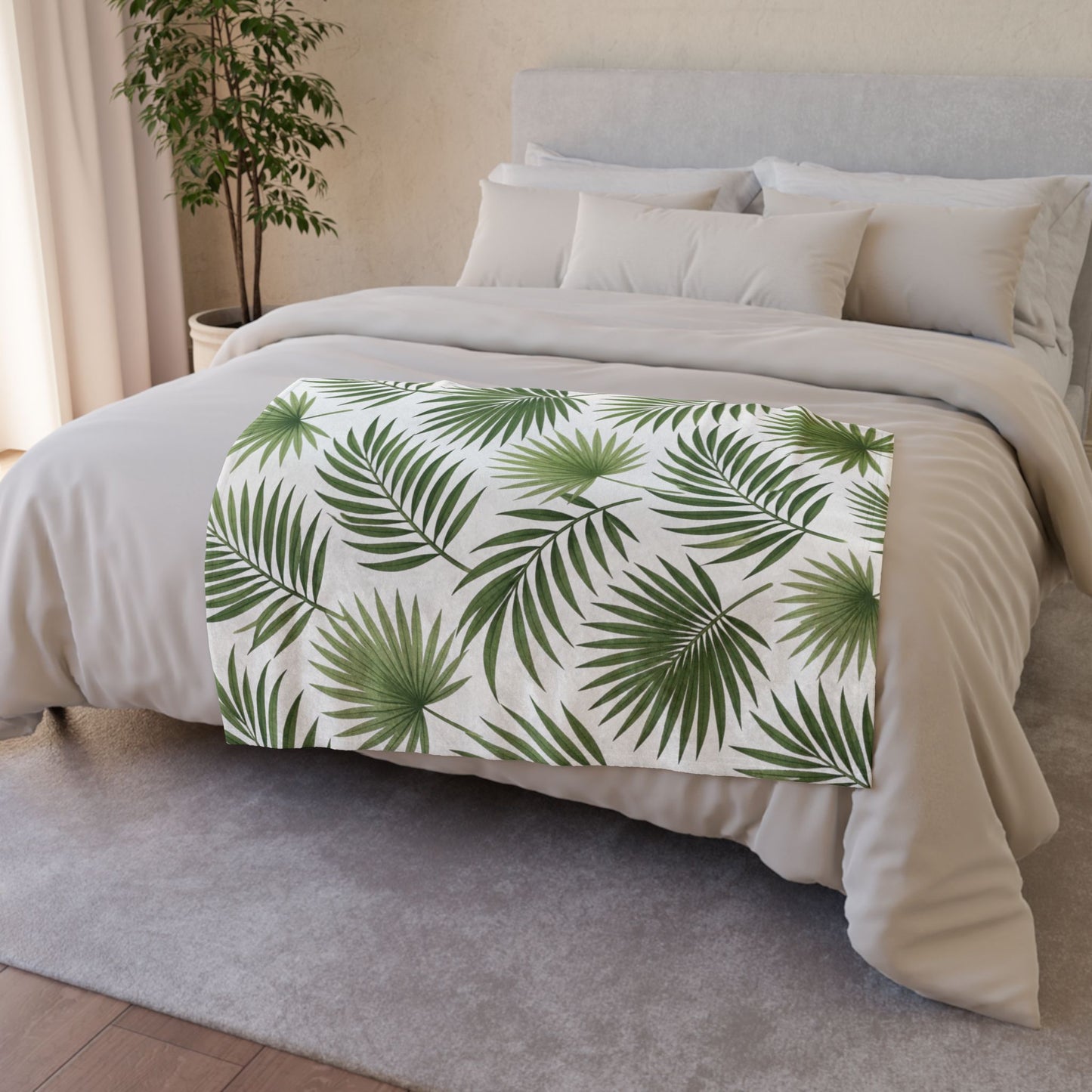 Tropical Palm Leaf Throw Blanket – Green Botanical Polyester Blanket