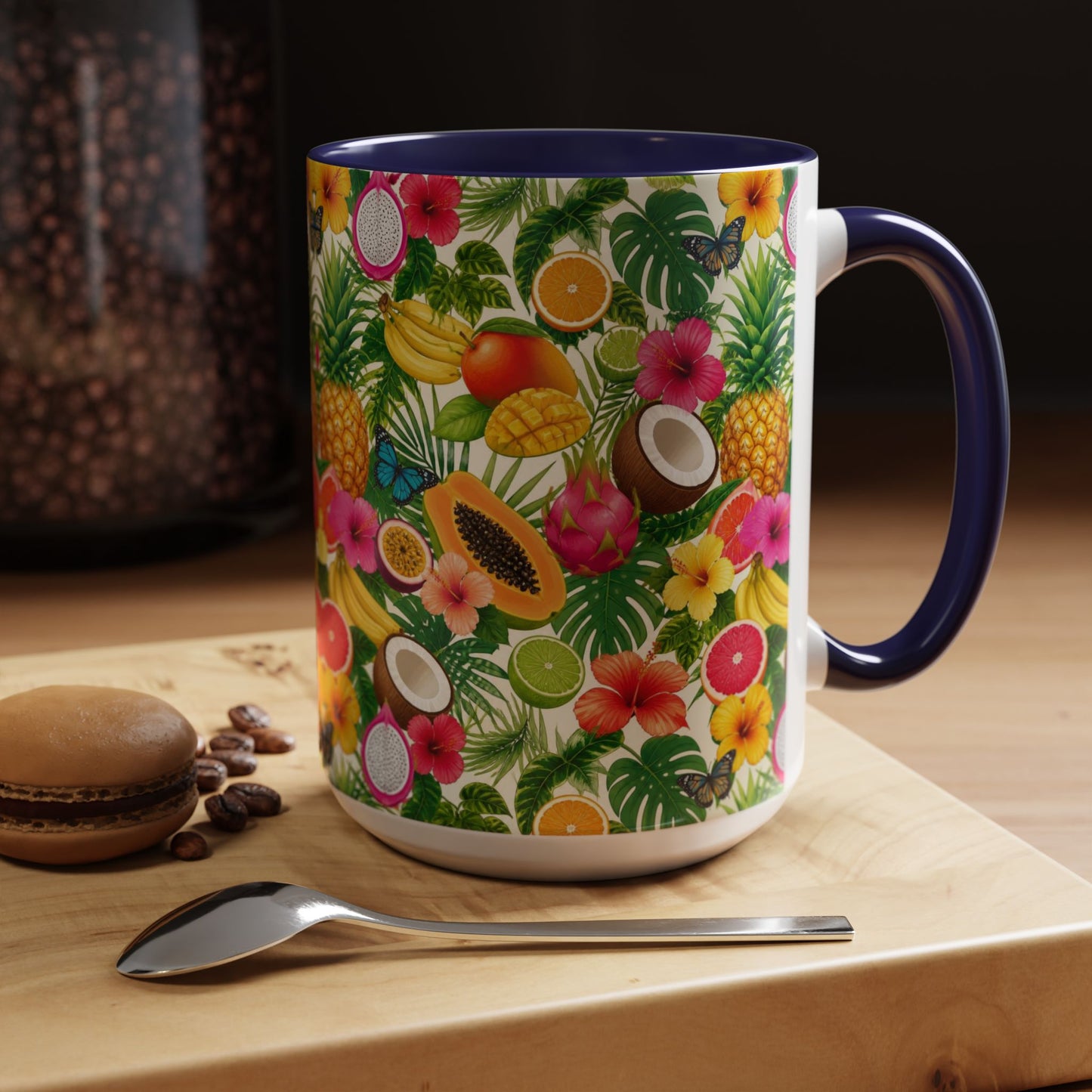 Tropical Fruit Coffee Mug — Colorful Pineapple & Hibiscus Accent Ceramic Mug (11/15oz)