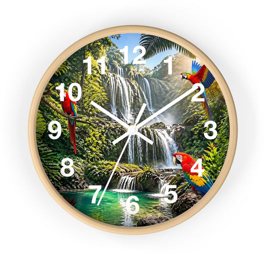 Tropical Waterfall Wall Clock with Colorful Parrots – Scenic Jungle Decor