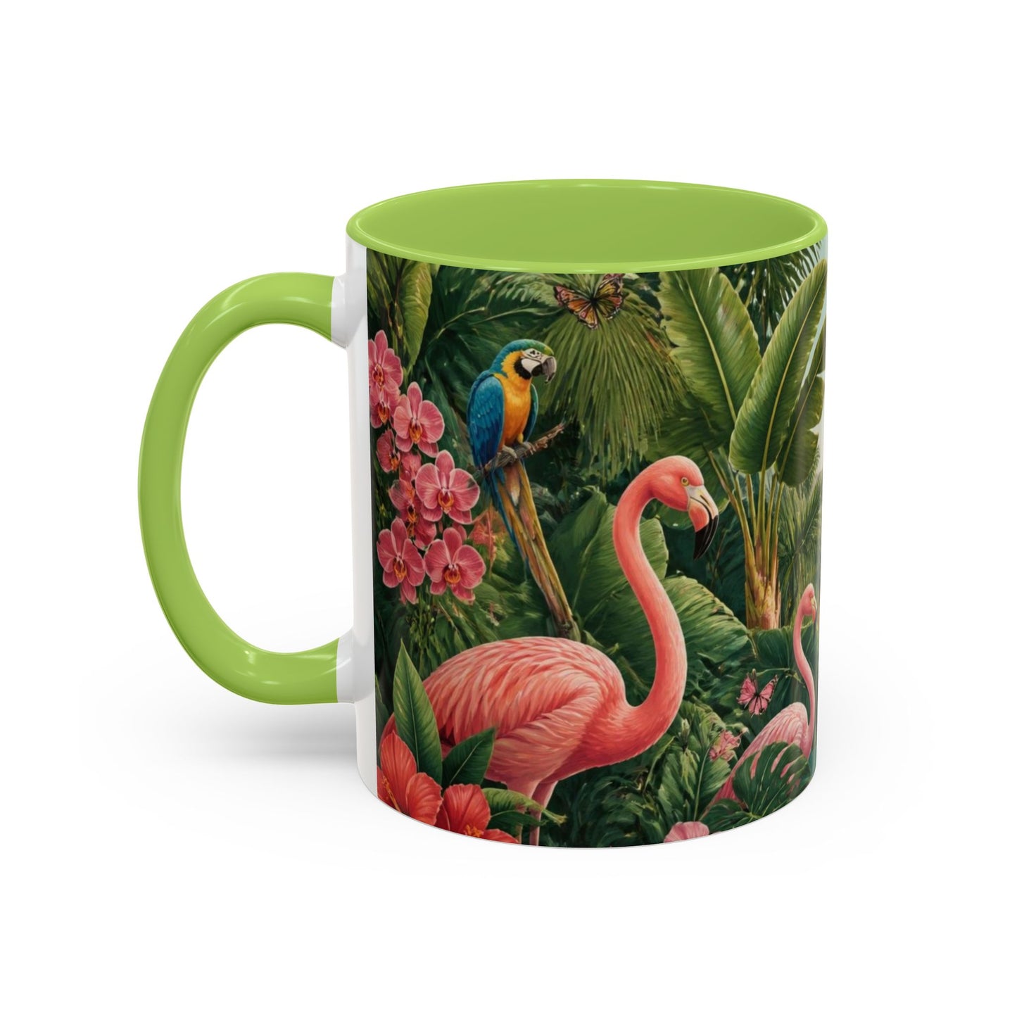 Tropical Flamingo Accent Mug — Colorful Parrot & Palm Coffee Cup