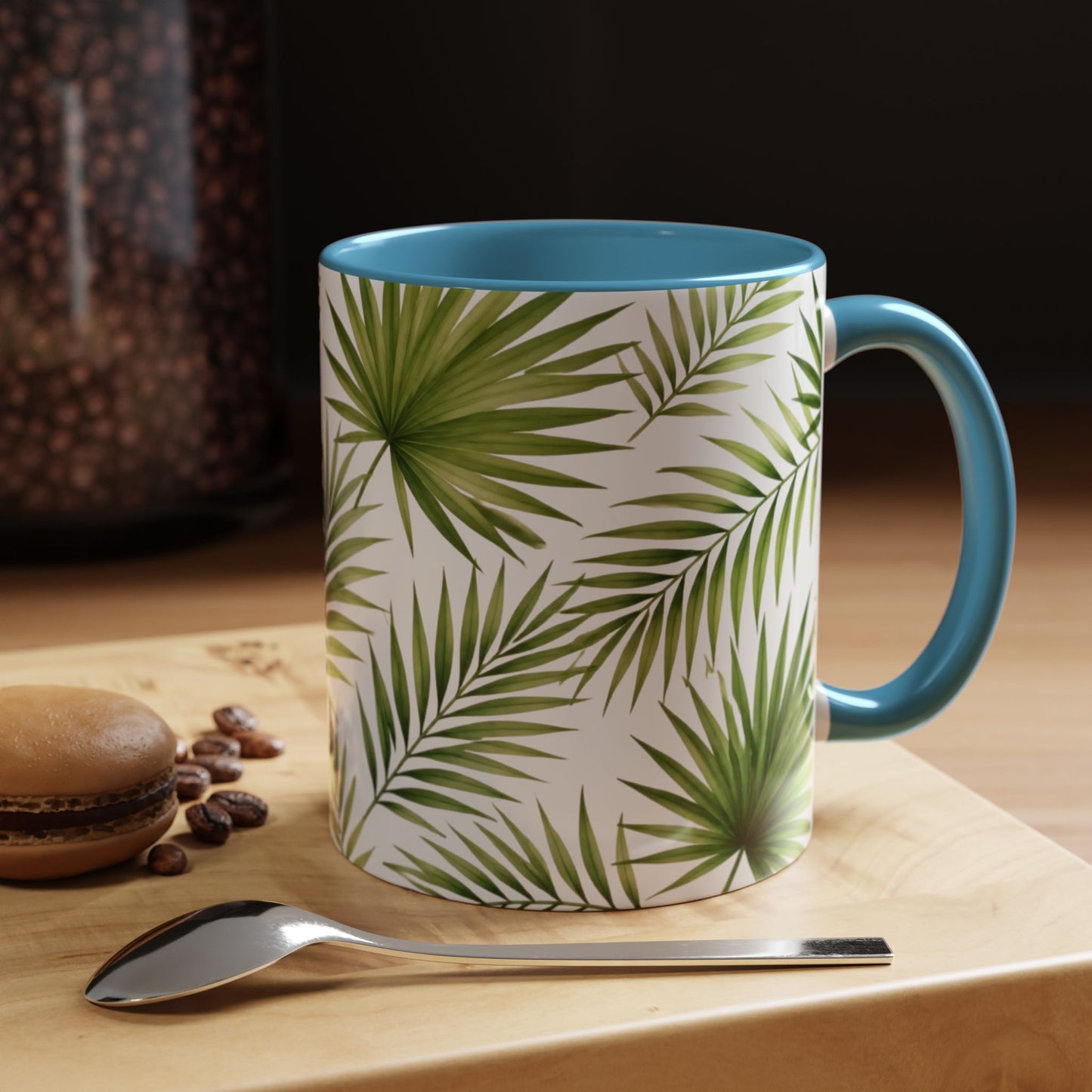 Tropical Palm Accent Coffee Mug – Green Leaf Pattern, 11/15oz