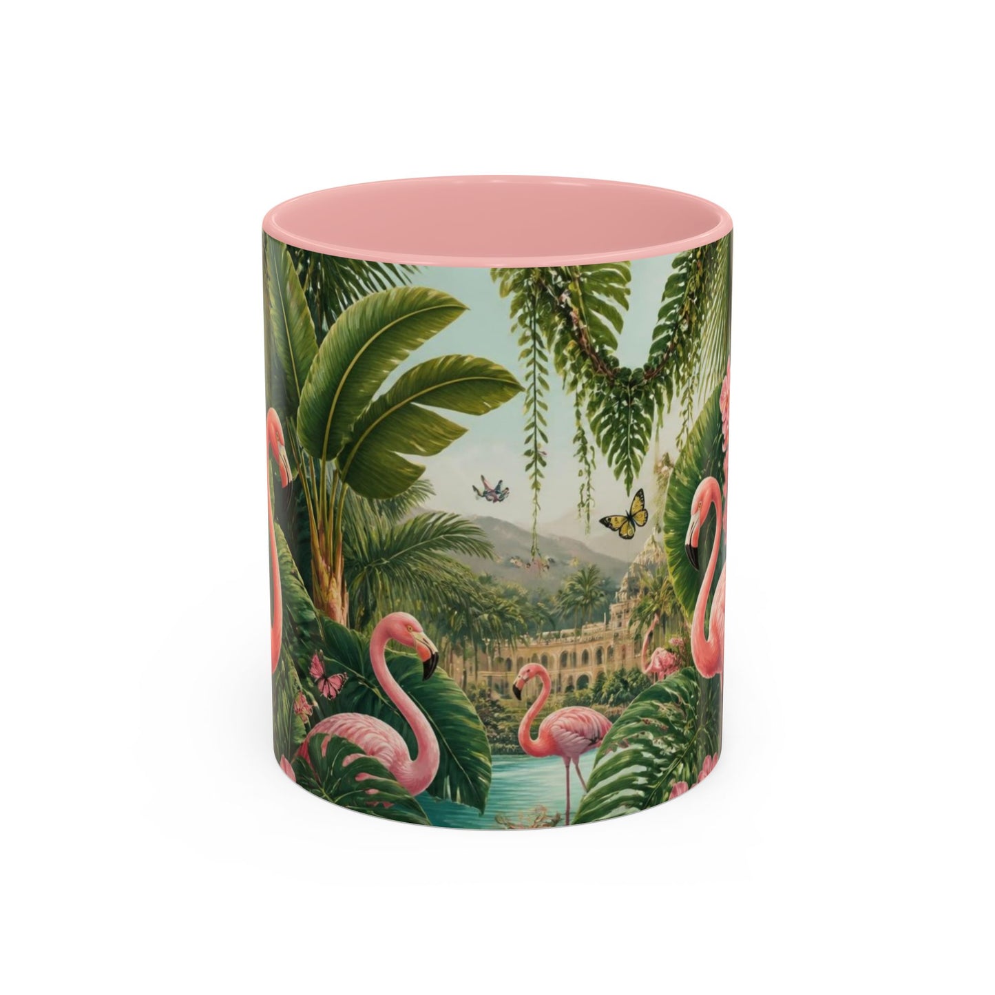Tropical Flamingo Accent Mug — Colorful Parrot & Palm Coffee Cup