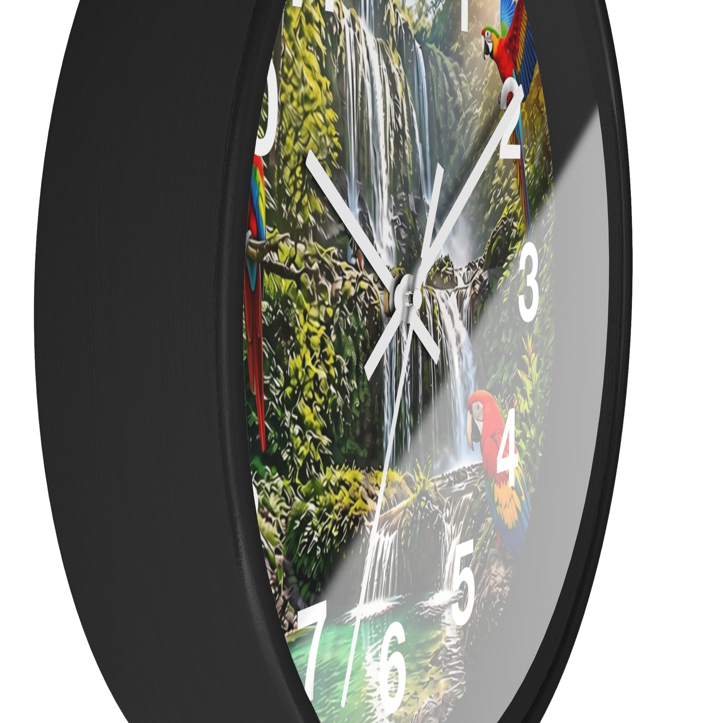 Tropical Waterfall Wall Clock with Colorful Parrots – Scenic Jungle Decor