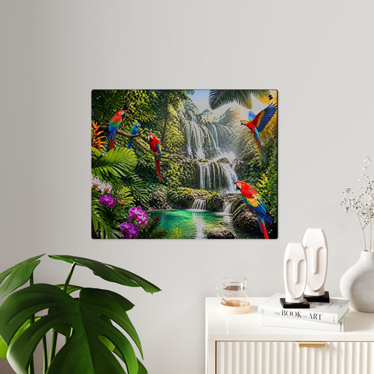 Tropical Waterfall Acrylic Wall Art Panel — Parrots & Jungle Oasis
