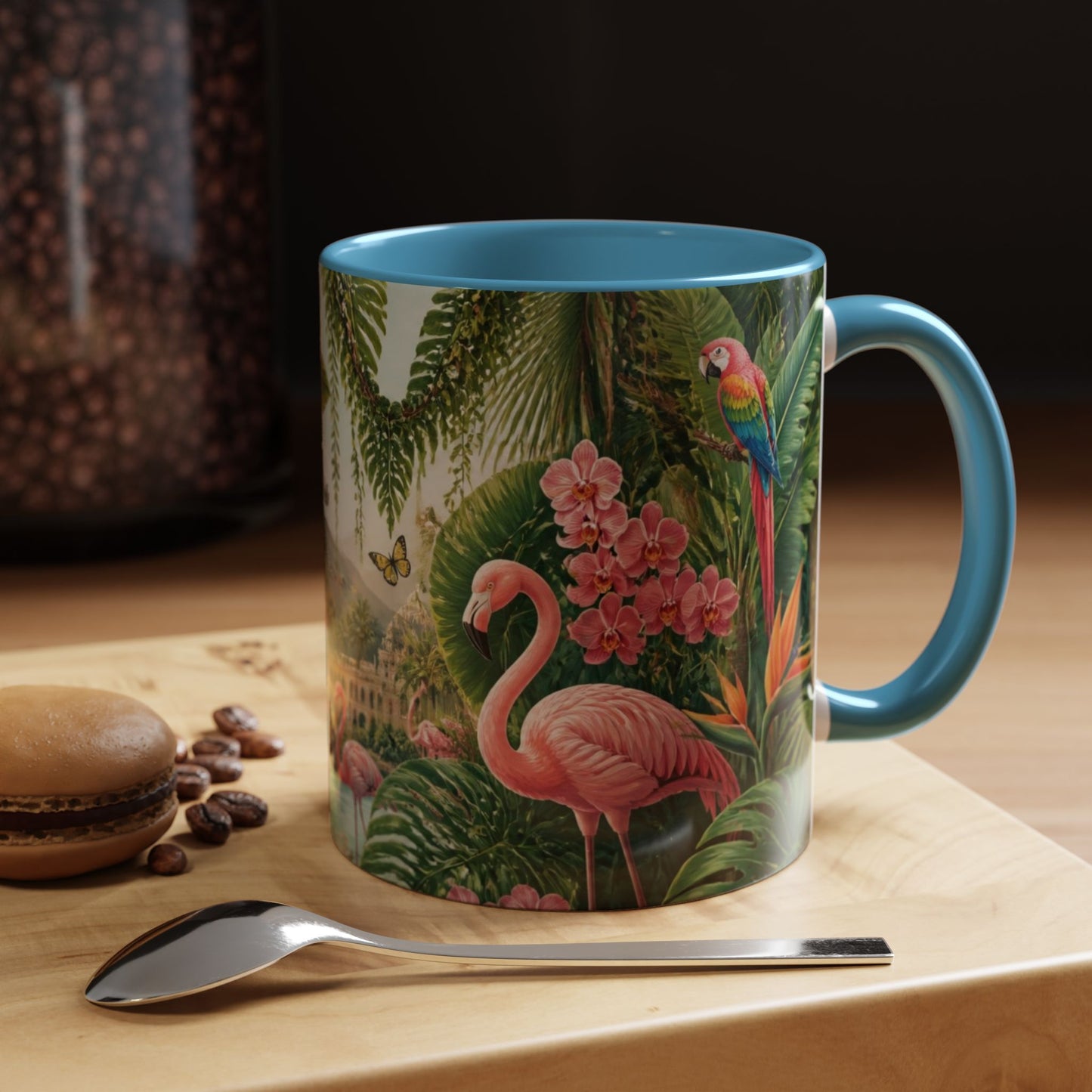 Tropical Flamingo Accent Mug — Colorful Parrot & Palm Coffee Cup
