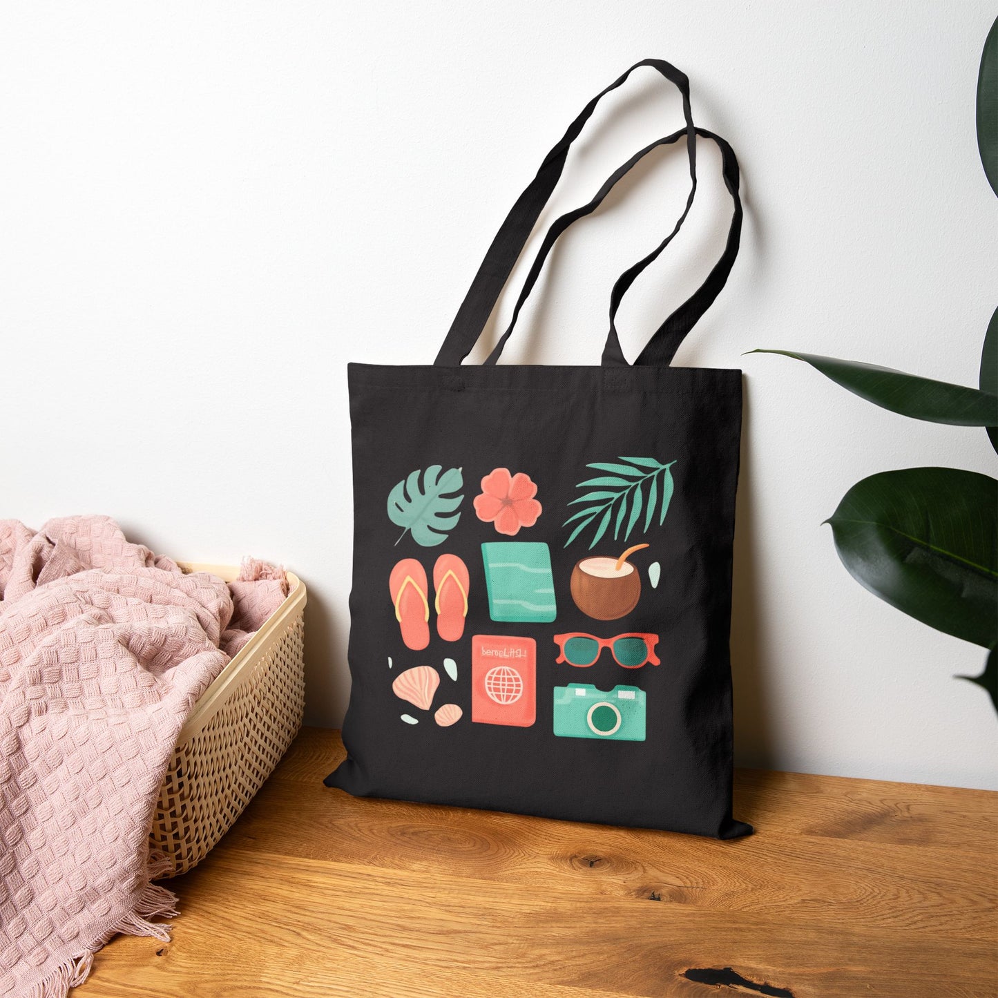 Tote Bag — Summer Travel Essentials Canvas Tote (flip-flops, camera, coconut & sunglasses)