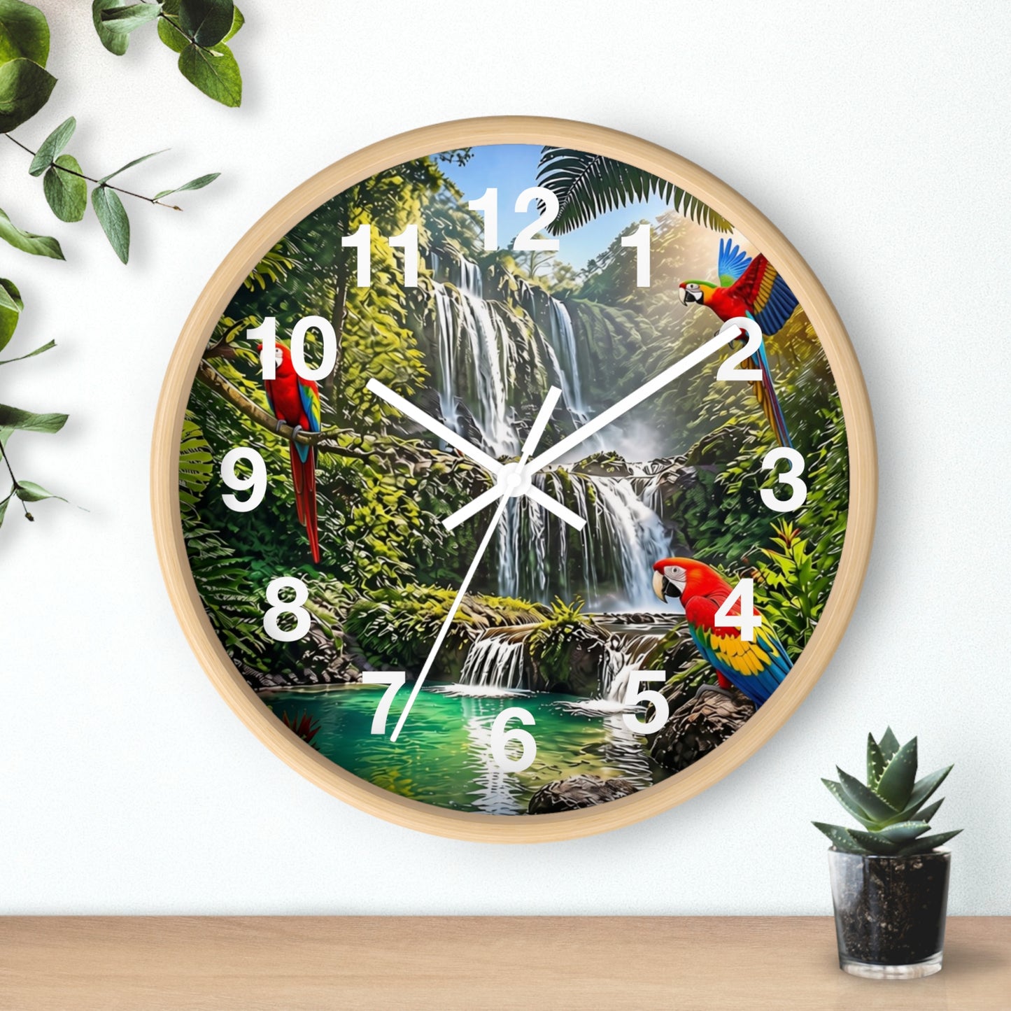 Tropical Waterfall Wall Clock with Colorful Parrots – Scenic Jungle Decor